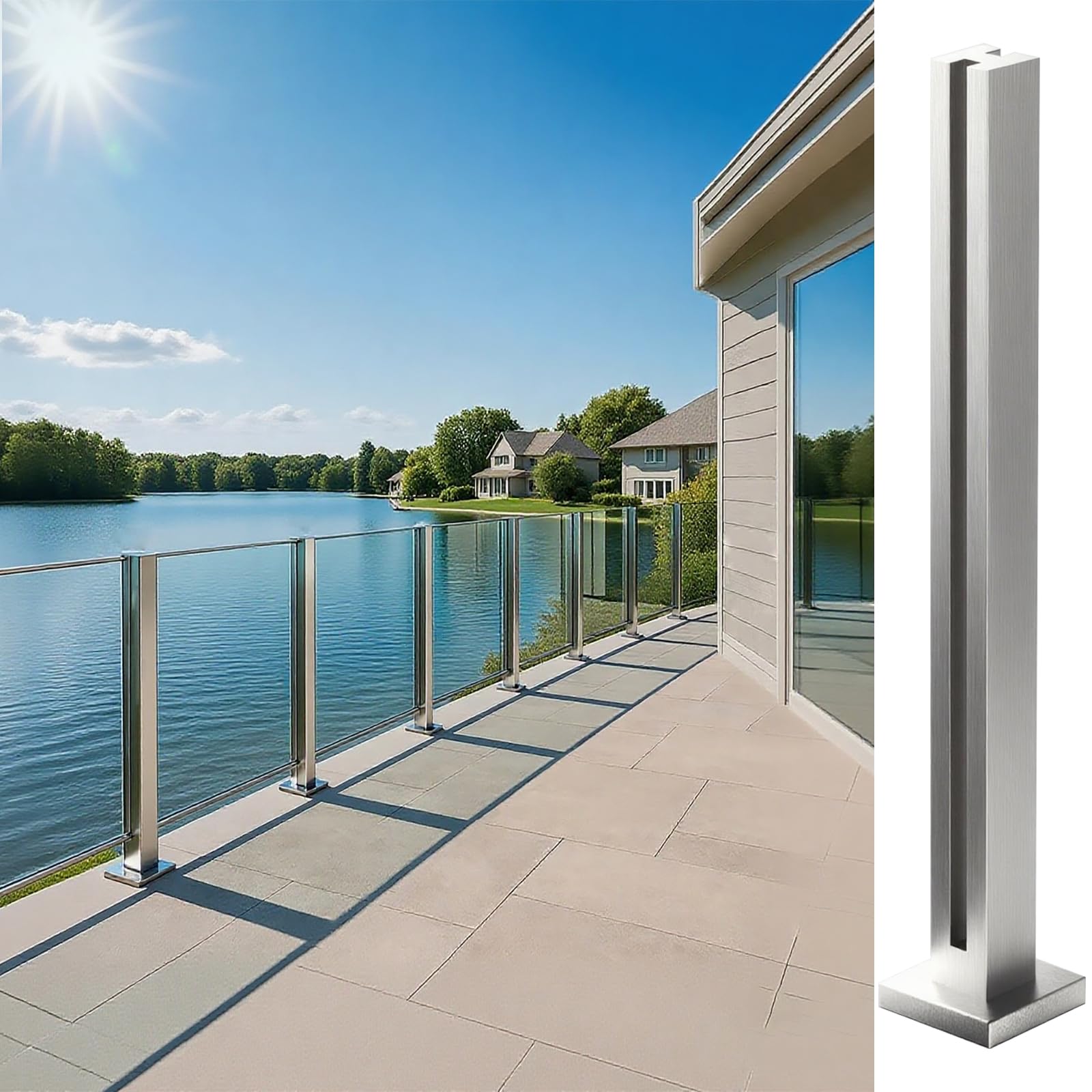 Cvter Poste Para Barandilla de Vidrio Negra: 95cm de Balaustrada de Cubierta de Vidrio Sin tapa con Ranuras para Cubiertas, Escalones, Balcón, Piscina, Jardín, Escaleras. Acero inoxidable — view 24