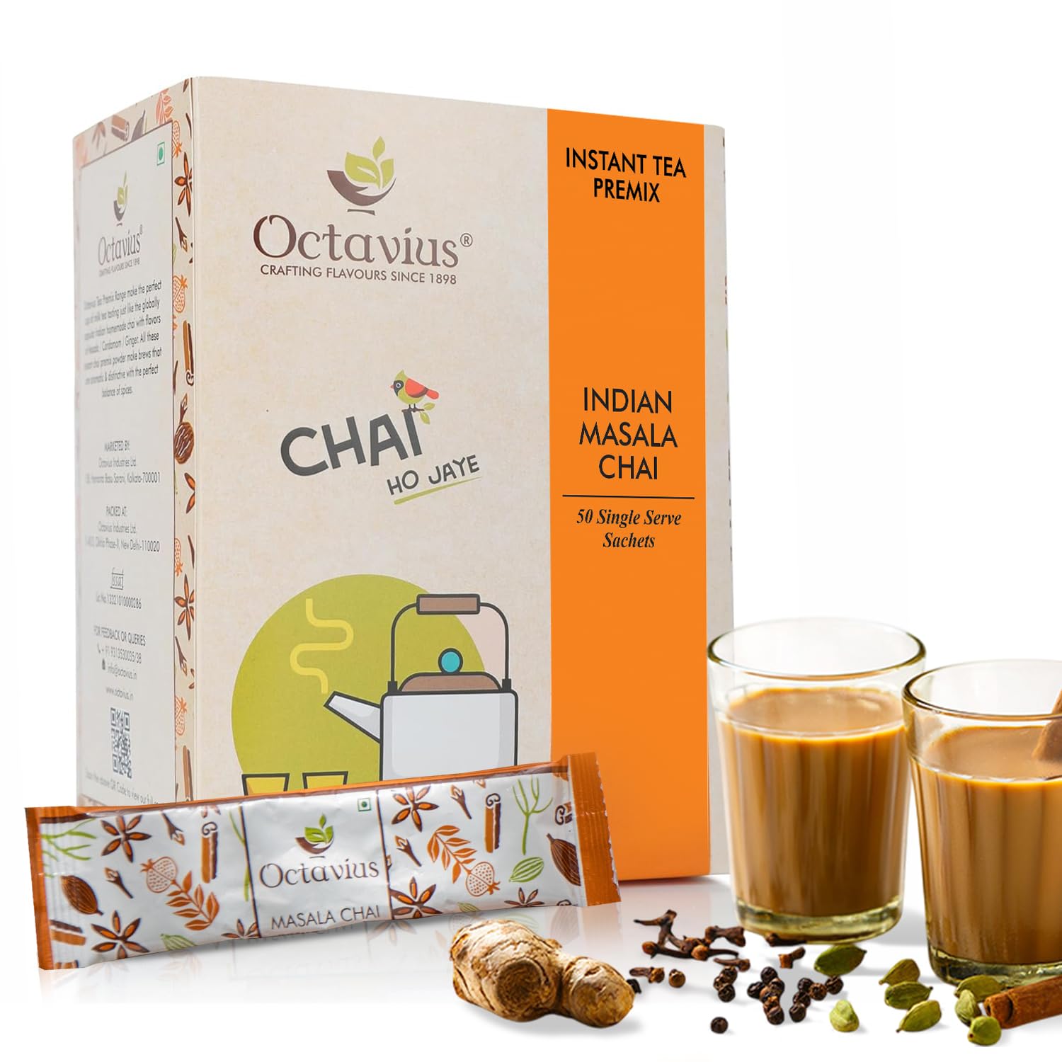 Octavius Masala Chai Instant Tea Premix Economy PacK – 50 Single Serve Sachets (15gm Each) | Authentic Indian Masala Tea | Ready-To-Drink Chai Powder | No Milk or Sugar Needed.