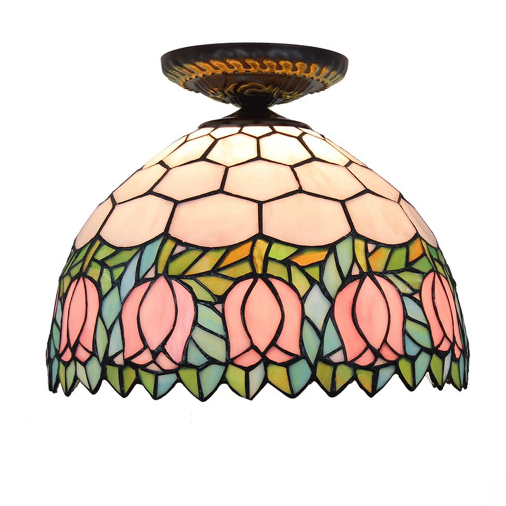 NHPJFDC Tiffany Style Ceiling Light Antique Bathroom, Light Fixtures Ceiling Lamp, 1 Light, 12" Semi Flush Mount Ceiling Light for Dining Room Aisle Corridor Kitchen Bedroom,Pink Tulip