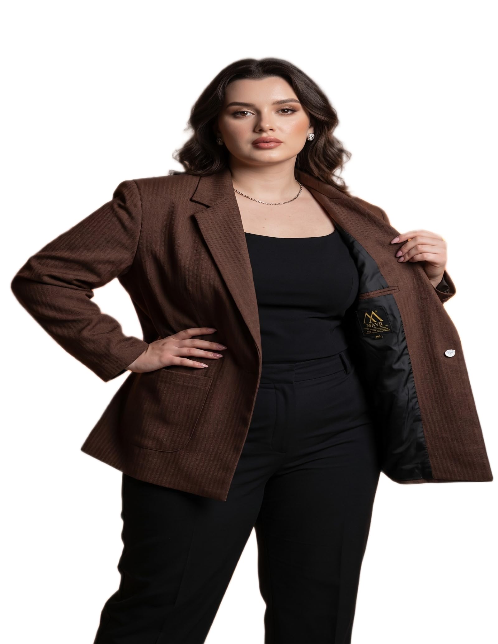 maykr Women's Elegant Brown Blazer Jacket – Plus Size Notched Lapel Coat with Dual Flap Pockets-picture-35