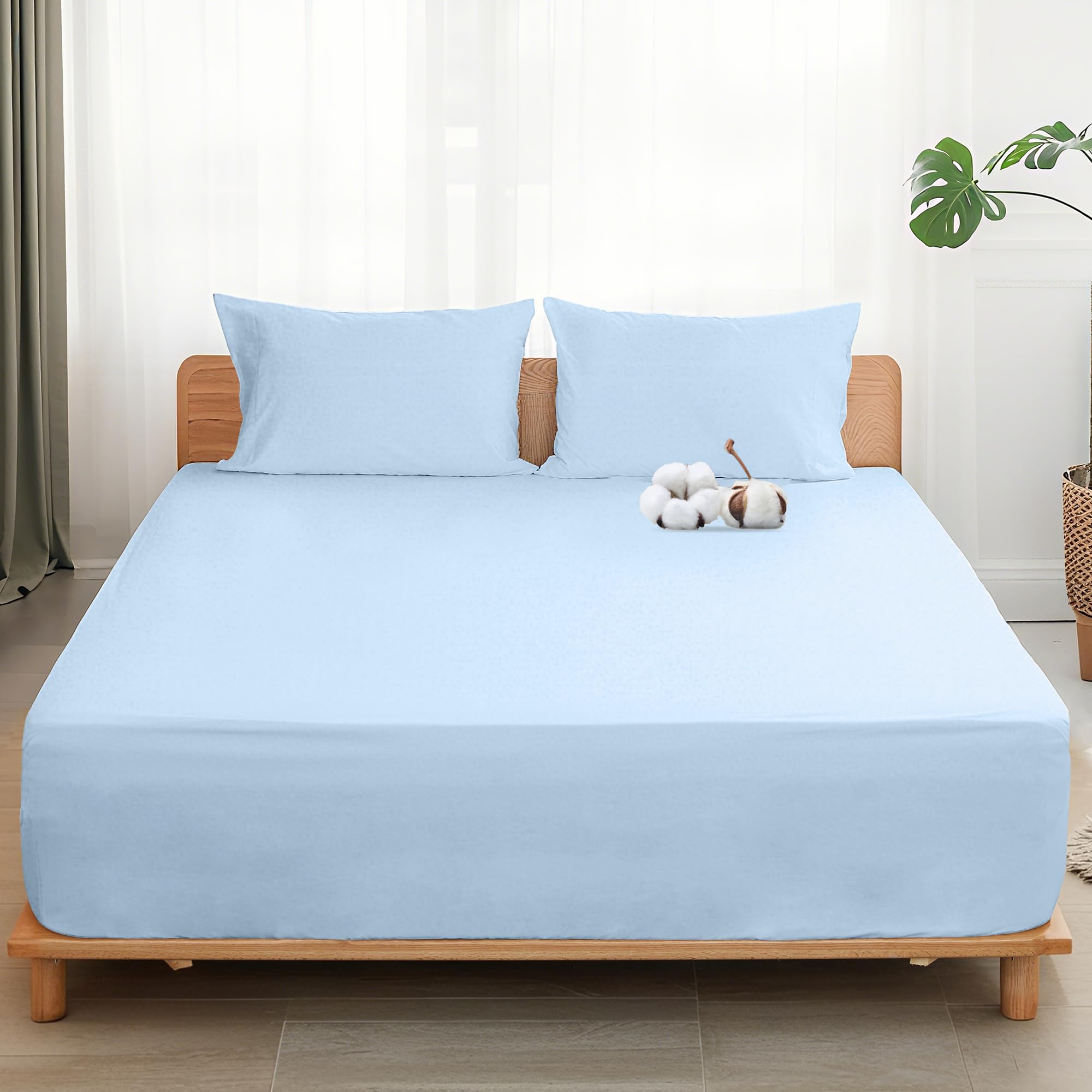 Sylvanora 100% Egyptian Cotton Fitted Sheet - 40cm Extra Deep Pocket with 4 Elastic Corner Straps - Breathable & Comfortable King Bed Sheet (150x200cm) - Luxury Hotel Quality (Light Blue, King)