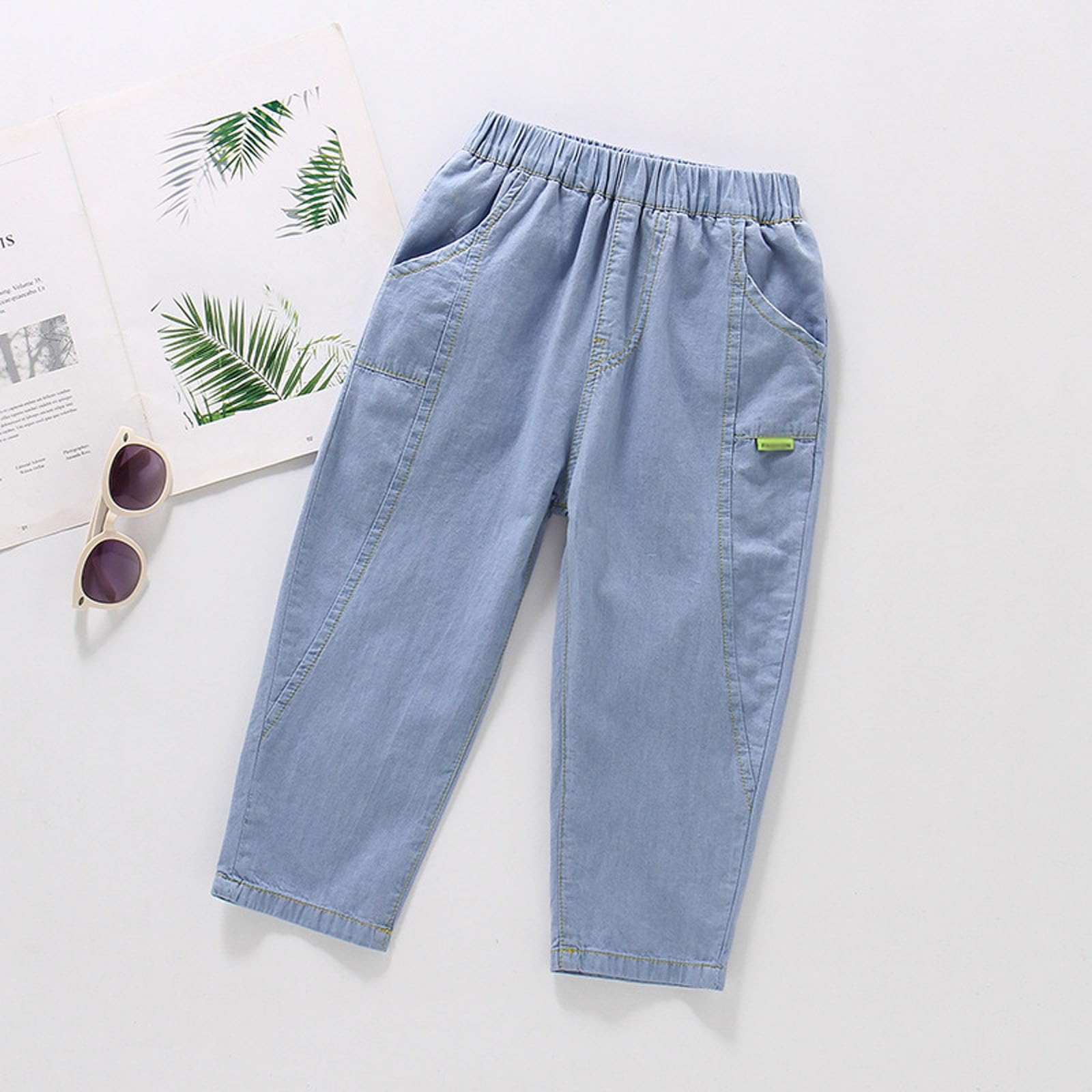 Pantalon décontracté pour garçons et tout-petits - Léger - Taille élastique - Confortable - Pour le quotidien - Printemps et été - Coupe ample - Couleur unie - Taille 2-12