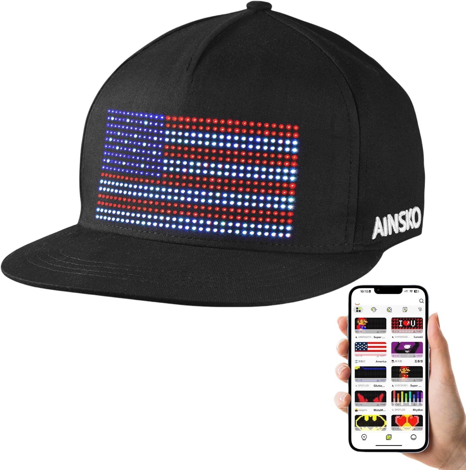 LED Snapback Cap-LED RGB Screen Programmable APP Control LED Scrolling Messages Light Up Display Baseball Cap Luminous Glowing Hat for Hip POP Costumes Party Club Halloween (Black)