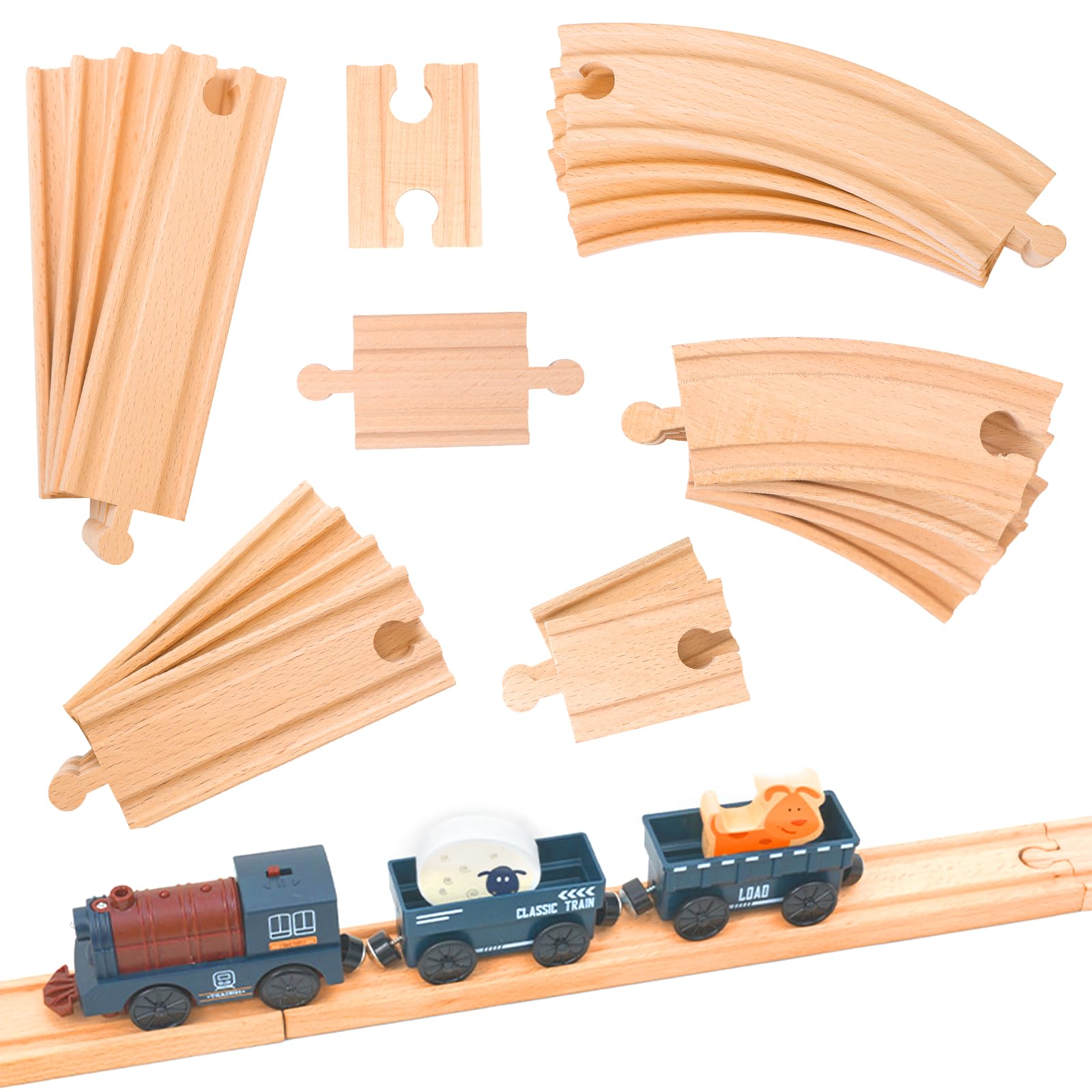 Circuit Train Bois, 20 pièces Train en Bois Enfant, kit de Rails en Bois, Jeu Educatif pour Enfant de 3 Ans et Plus Compatible Marques Traditionnelles