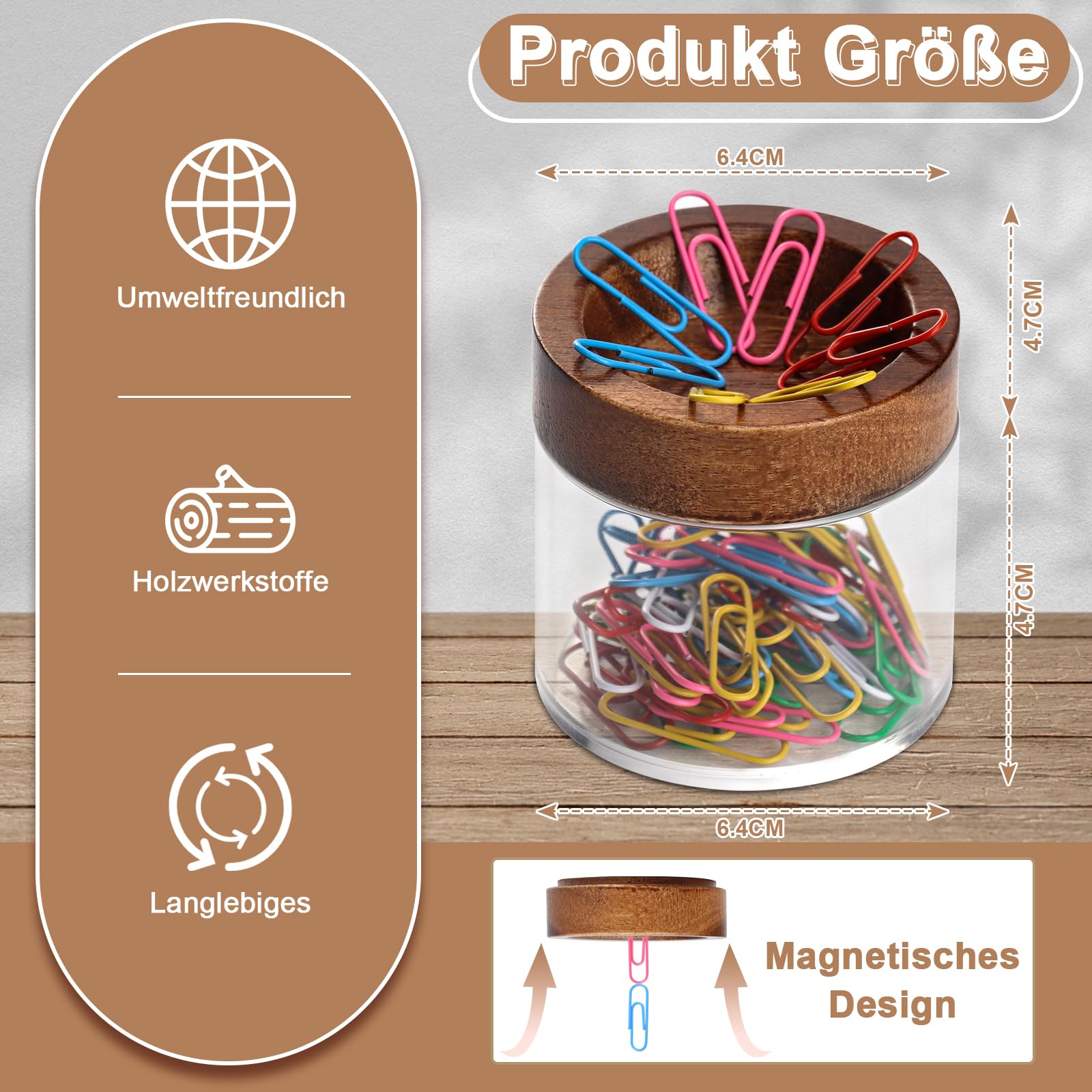 1 distributeur de trombones magnétique 6,5 x 2 cm en bois avec 70 trombones Boîte de rangement magnétique Distributeur de pinces de bureau avec boîte de rangement en acrylique pour fournitures de
