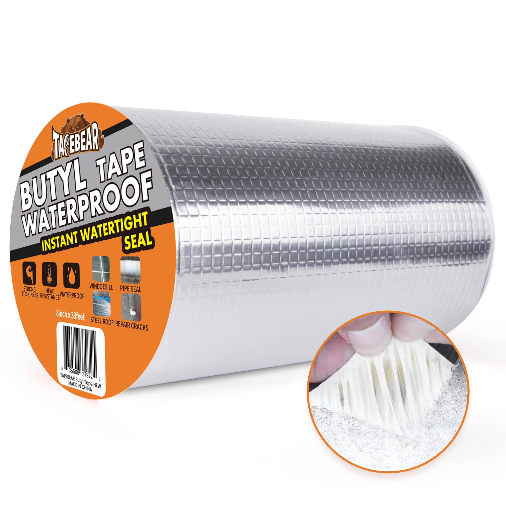 Tapebear Silber 200Mm X 10M Butyl Tape Waterproof Sealant Tape, Aluminum Foil Duct Sealing Tape For Rv Roof Repair, Boat And Pipe Sealing, Silicone, Glass & Edpm Roof Leak Patching, Silver