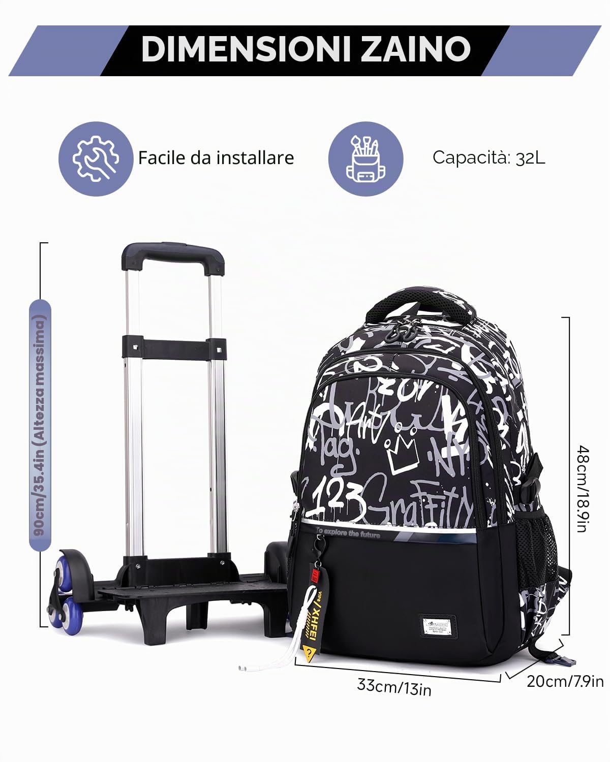 Amythe Zaino Trolley per Ragazzi - Zaino Scuola Adolescenti con Carrello Rimovibile Impermeabile per Laptop 15,6 Pollici, Zaini Nero con Rotelle per Scuola Media Superiore, 6 Ruote