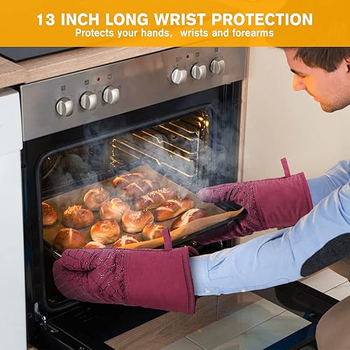 Vista 18 de 6 guantes de horno y soportes para ollas, resistentes al calor de 500 ℉ con toallas de cocina, forro de algodón suave y superficie de silicona Gris