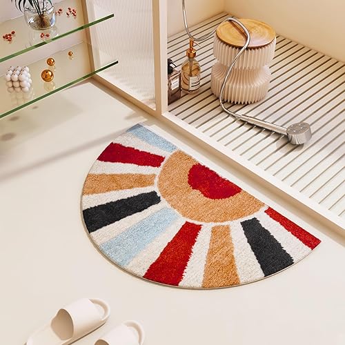 Miniatura 3 de Tapetes de baño bohemios, antideslizantes, de medio círculo, suaves y esponjosos, tapetes de baño retro para baño, decoración bohemia del hogar,