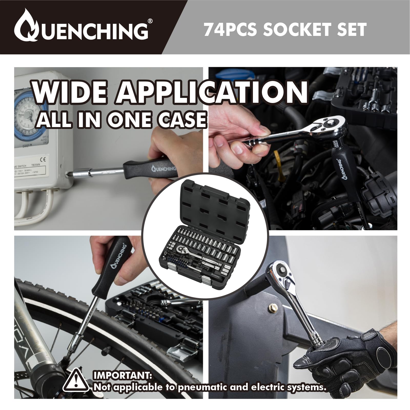 QUENCHING 1/4" & 3/8" Drive Socket Set, 74Pcs Socket Wrench Set SAE From 1/4"-3/4", Metric 4-19mm, 6-Point CR-V Shallow Sockets Kit With 72T - View #3
