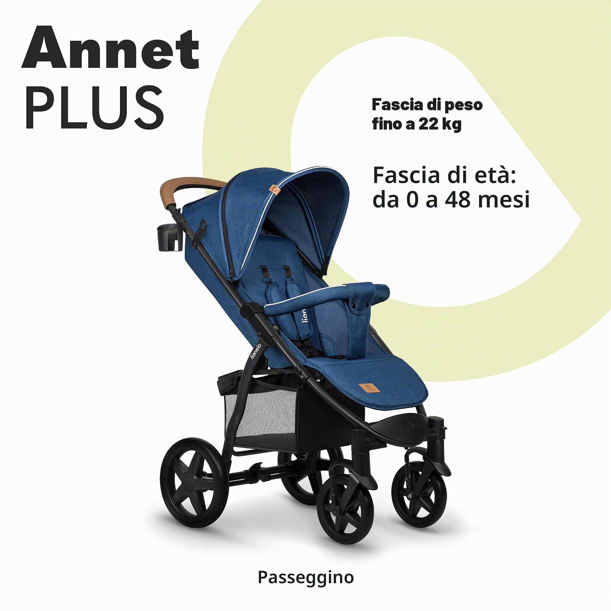 LIONELO Annet Plus - Passeggino dalla nascita ai 4 anni, 22 kg, leggero e pieghevole, con schienale reclinabile in posizione sdraiata, ruote in schiuma EVA, zanzariera, poggiapiedi, porta bevande,