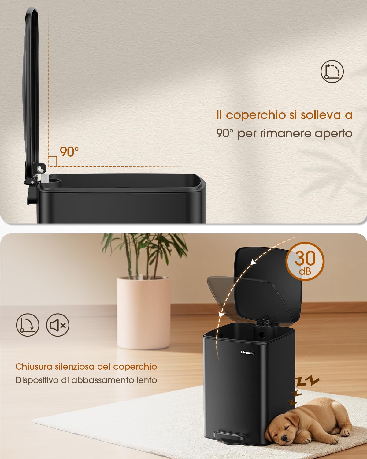 lovewind Pattumiera Da Cucina, Pattumiera In Acciaio Inox Con Pedale Nero Da 20 Litri, Con Coperchio E Secchio Interno, Adatta Per Cucina, Bagno E Soggiorno
