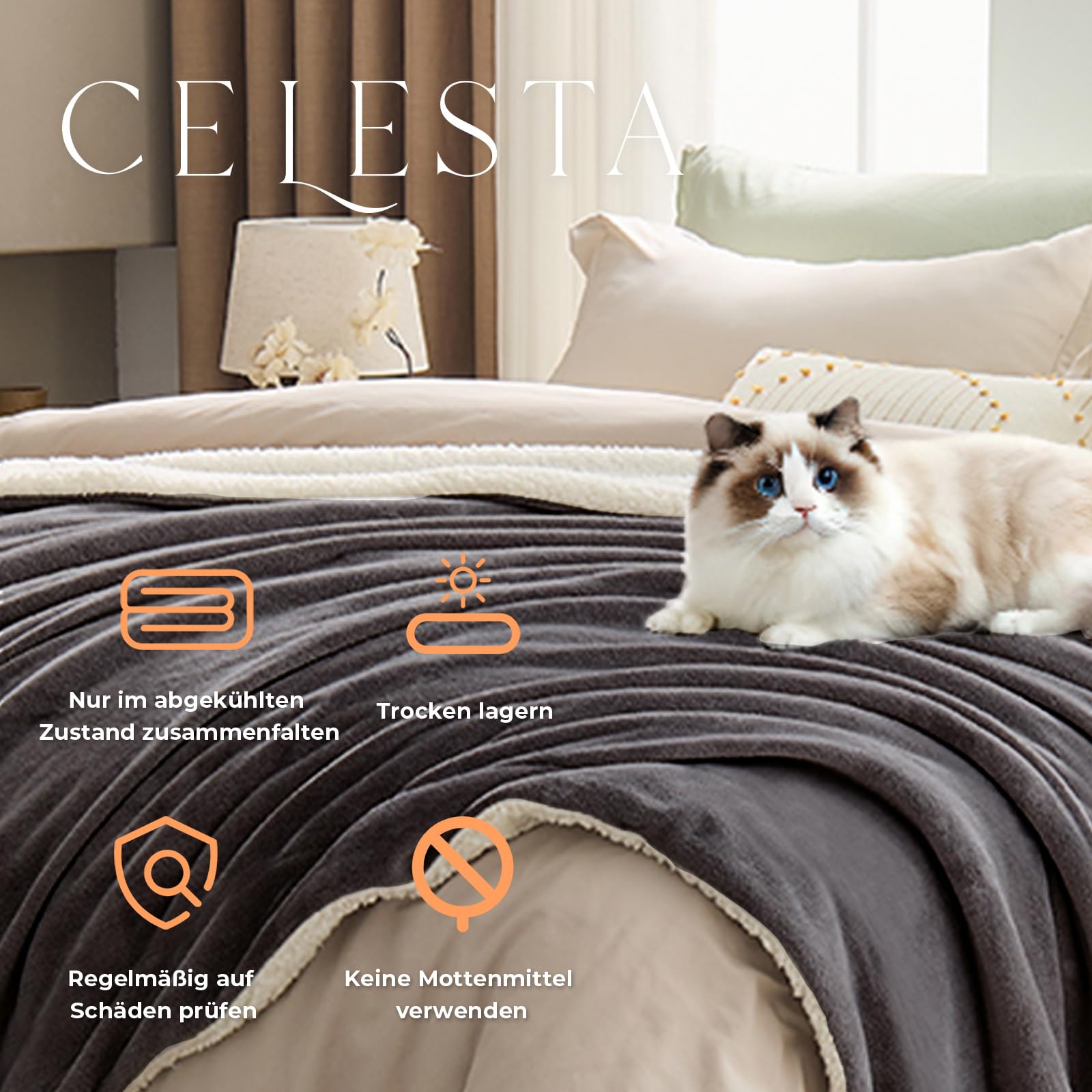 CELESTA Wärmedecke Heizdecke mit Abschaltautomatik, Heizdecke 160x120, 9 Heizstufen 1-9H Timer Auto-Aus, Wärme Decke Flanell-Sherpa, Maschinenwaschbar - für Sofa, Bett und Büro, Dunkelgrau