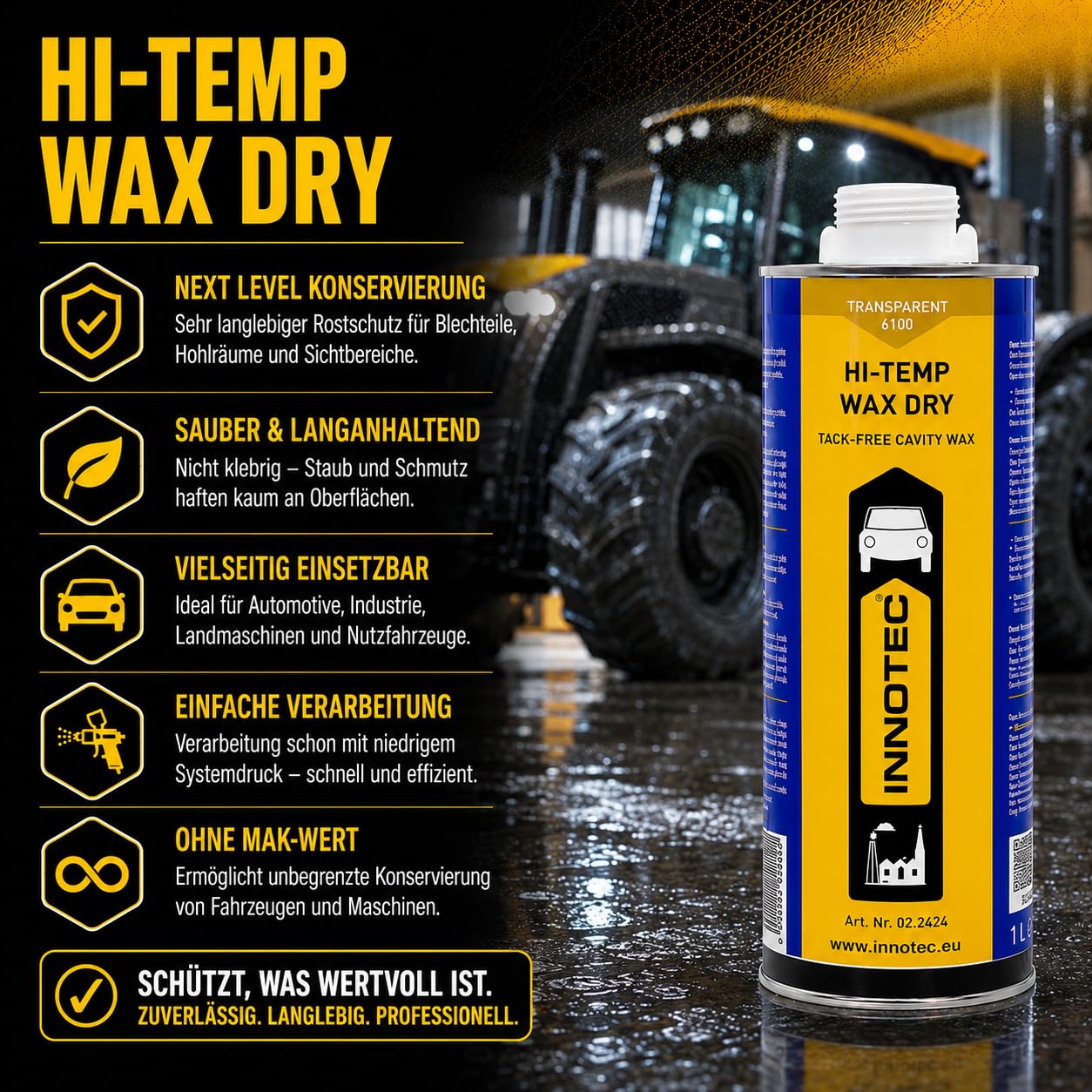 2 Stück Innotec Hi-Temp Wax Dry Transparent - Next Level Konservierung für Automotive & Industrie - Idealer Unterbodenschutz und Hohlraumkonservierung - Rostschutzmittel für Fahrzeuge - 1 Liter Dose