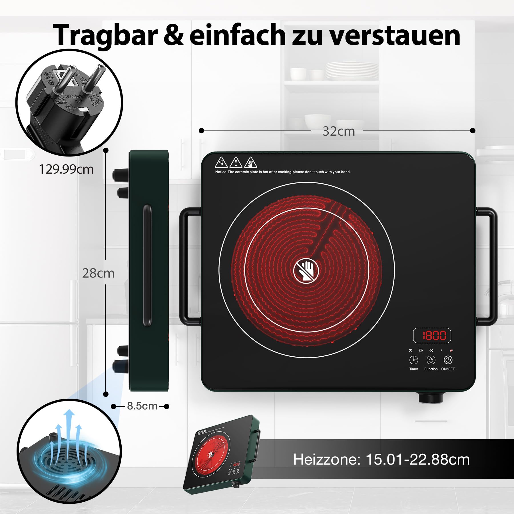 VBGK cerankochfeld 1 platte, tragbares 220-V-Touch- und Knopf-Elektrokochfeld, 2000-W-einzelnes Keramikkochfeld, 10 Leistungsstufen, Kindersicherung und 4-Stunden-Timer, tragbares Keramikkochfeld.