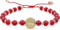 Vista 43 de Pulsera ajustable con moneda de San Benito y cuentas redondas naturales de coral rojo para mujer