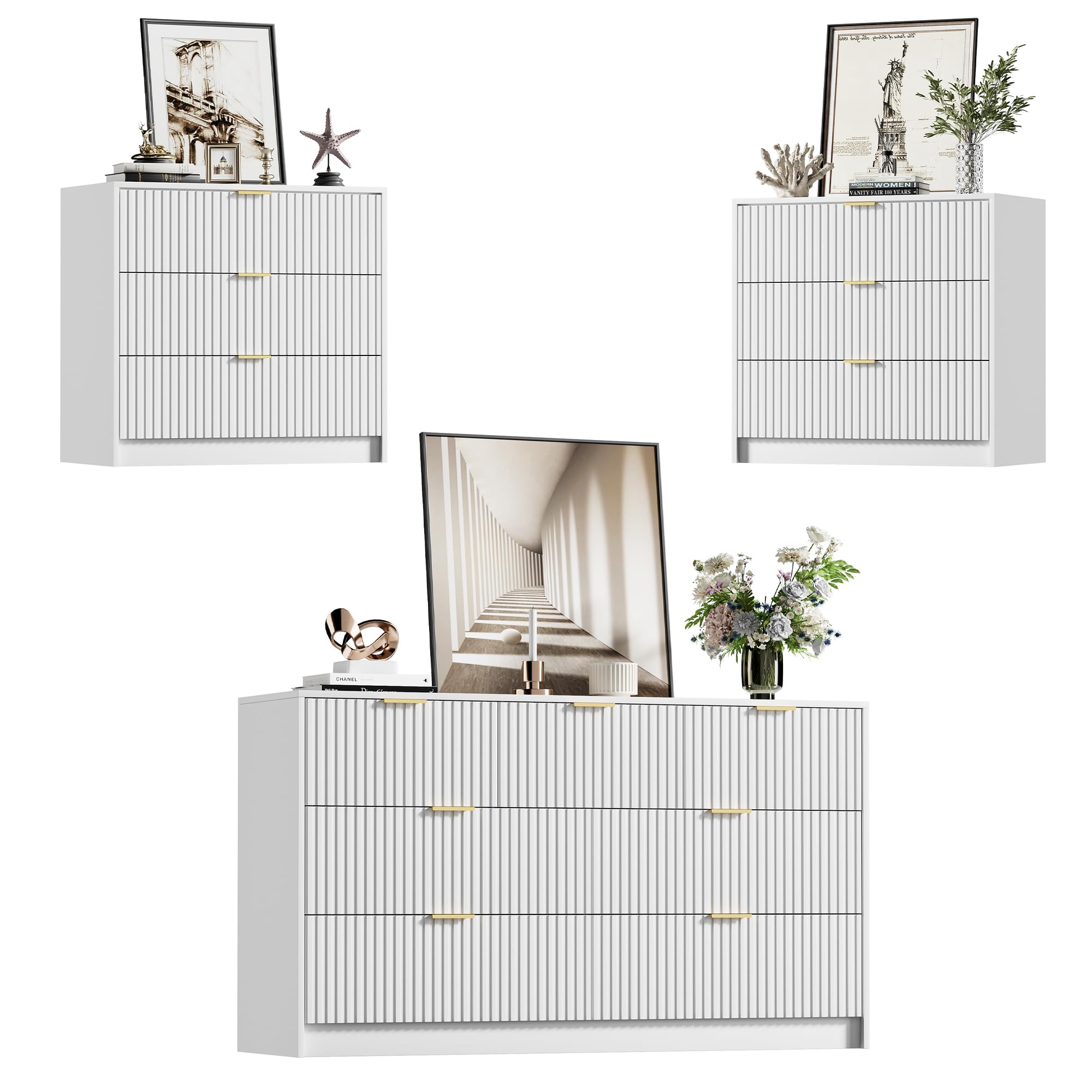 Furniway White Dresser Bedroom Set 3 Pieces, Nightstands Sets of 2, 7 Drawer Dresser with Gold Handles for Bedroom