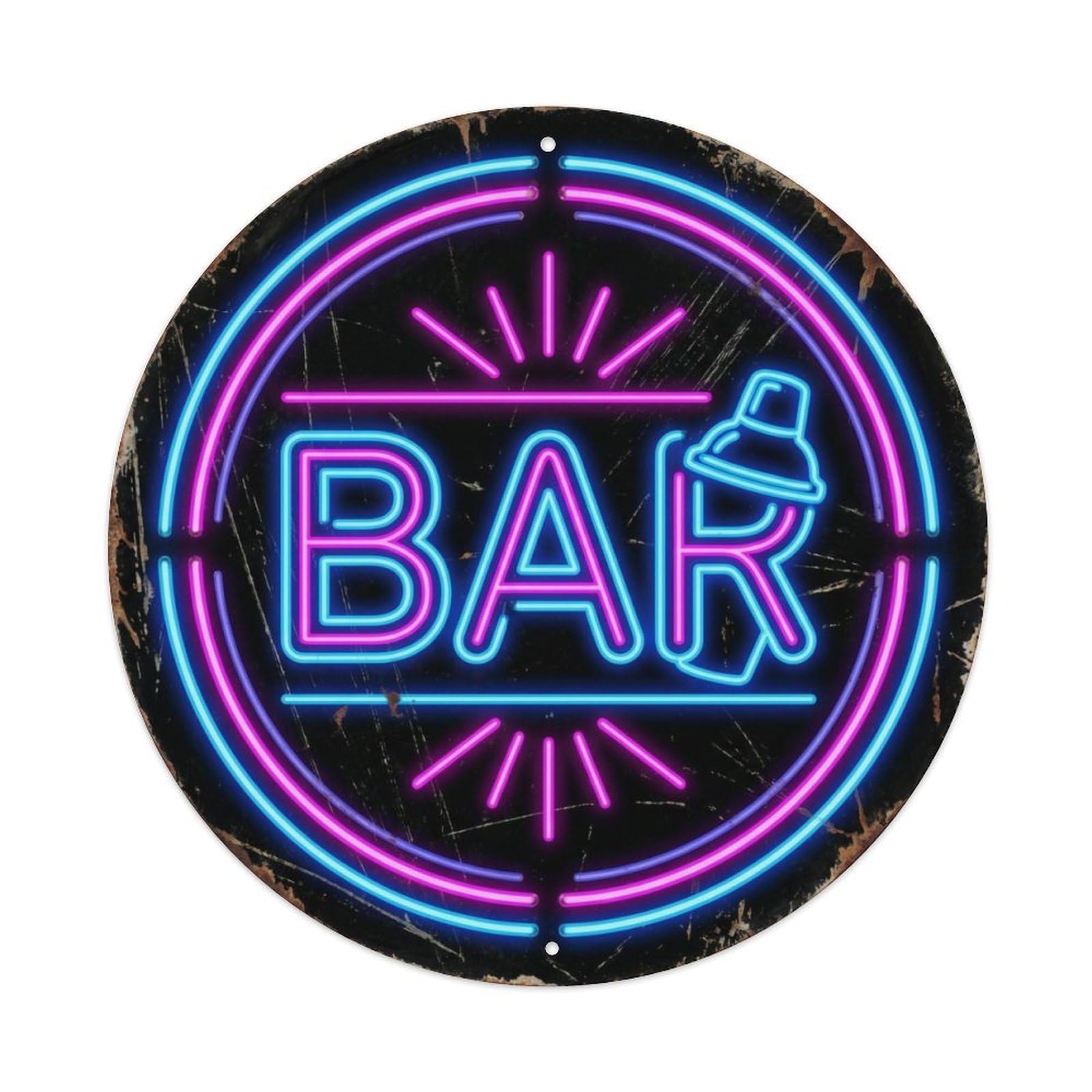 BAR Neon Lounge Emblem Metal Tin Sign Plaque Wall Decor for Cafe, Club Bar, Office, Home Garden Round Metal Poster 8x8Inch