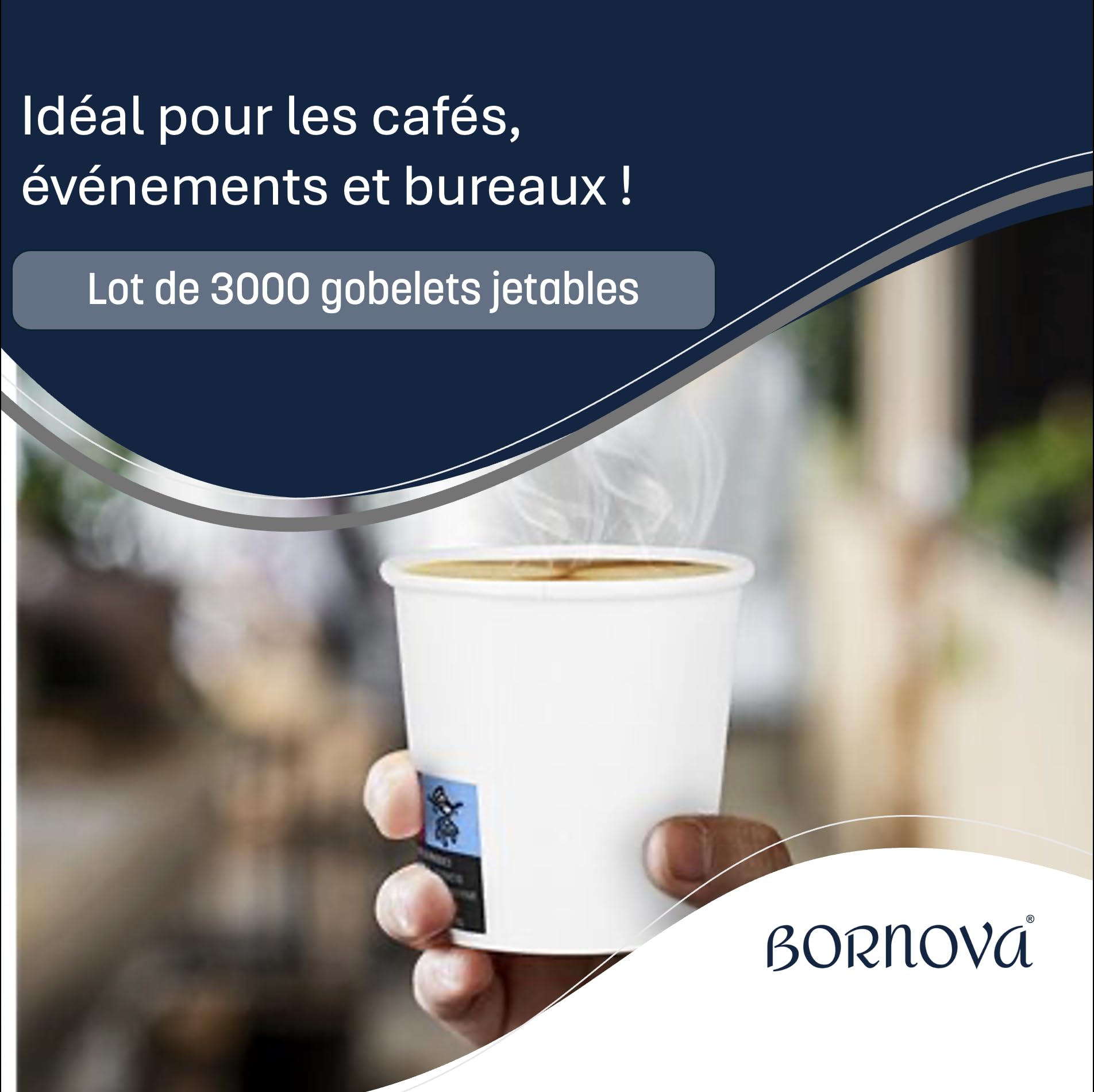 BORNOVA Gobelets Lot de 3000 en Carton, 6 oz (180 ml) Gobelets en Papier biodégradables écologiques jetables pour Eau Chaude Froide Ce lot inclut des agitateurs en bois pratiques