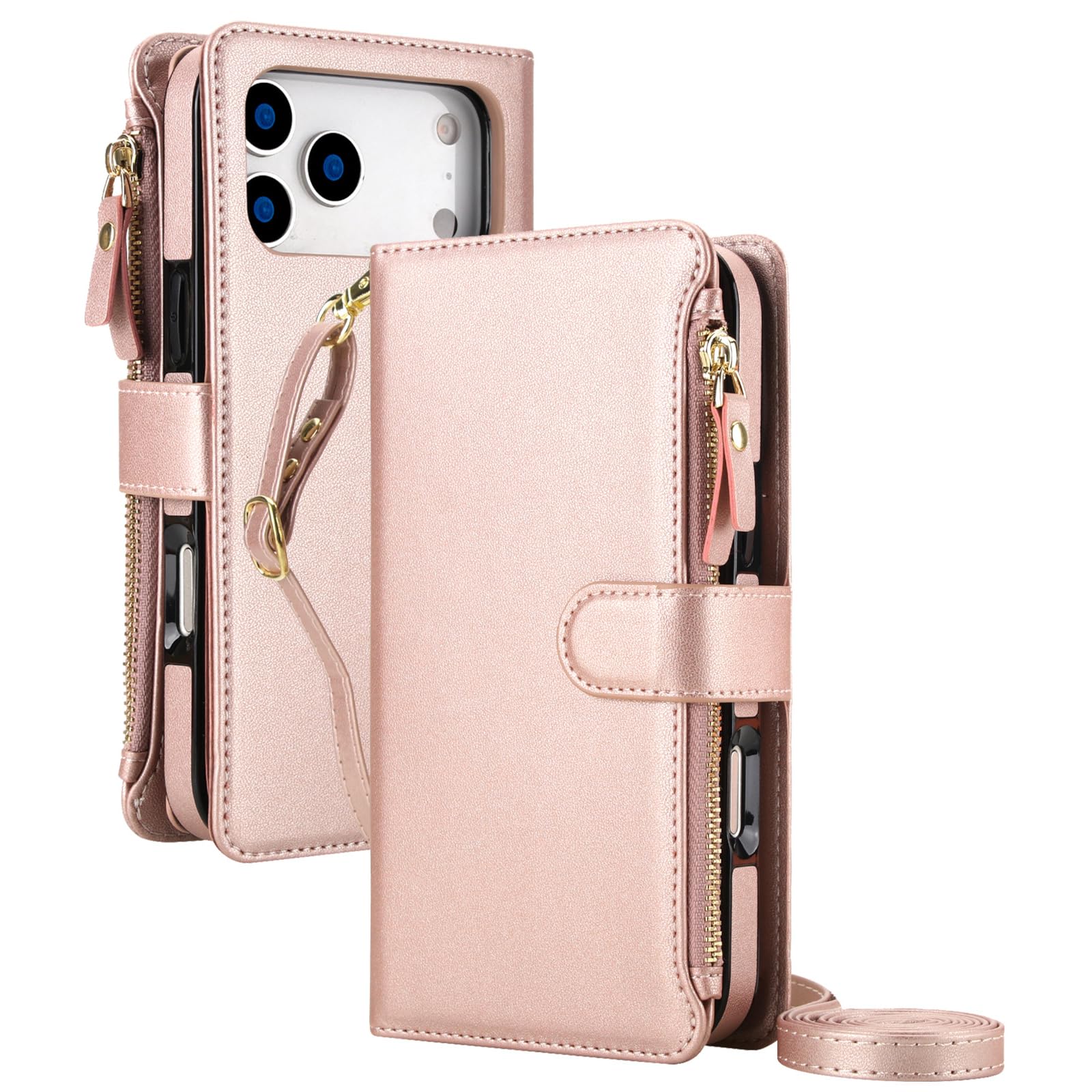 Mfaoshi Pink Magnetic Case For Iphone 17 Pro Max/17 Pro/17 Air/17, Detachable High-Capacity Zipper Wallet Cover With Kickstand Function Leather Case,,17