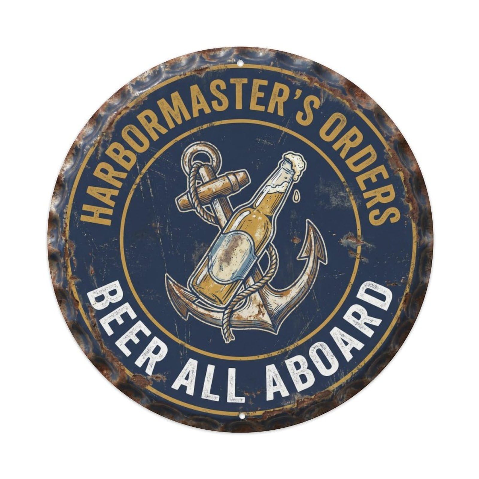 Retro Bar Style Harbormaster Port Patio Beer Metal Tin Sign Plaque Wall Decor for Cafe, Club, Garden Round Metal Poster 8x8Inch
