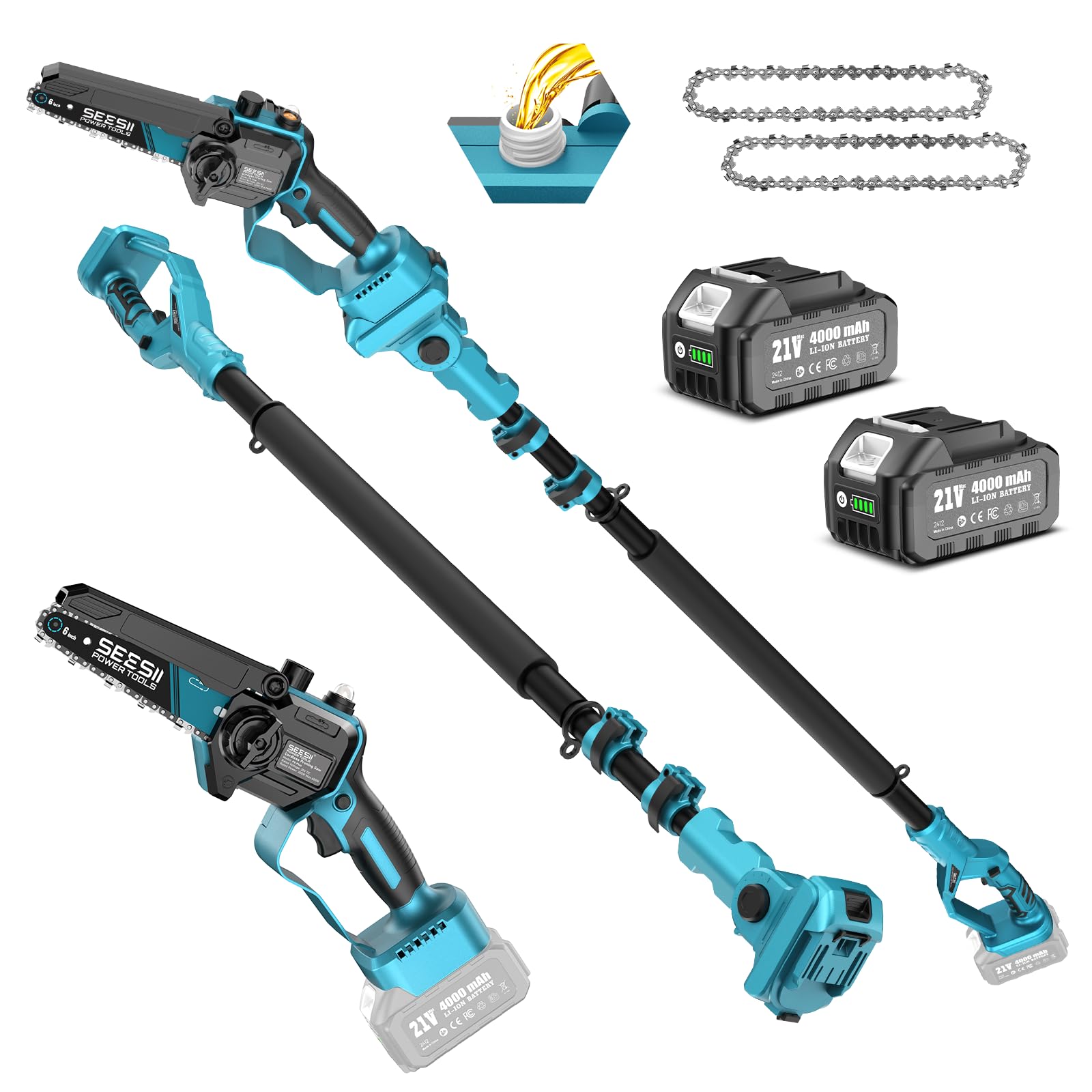 Photo 1 of SEESII 2-in-1 Cordless Pole Saws for Tree Trimming, 6 Inch Mini Electric Chainsaw with 2 x 4000mAh Batteries, Battery Powered Chain Saw with Extension Pole, Tree Trimmer Limb Branch Cutter Pruner