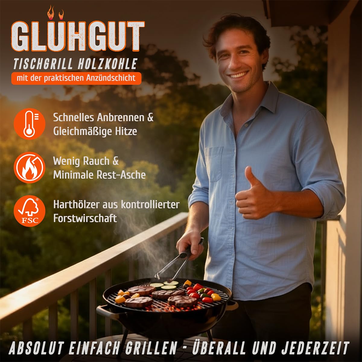 Tischgrill-Holzkohle 1kg x 6 (6 KG) – 6kg Holzkohle mit Anzündbeschichtung – extra kleine Körnung 20–50mm – sofort einsatzbereit, raucharm, ideal für unterwegs, ideal für Lotus Grill, Balkon