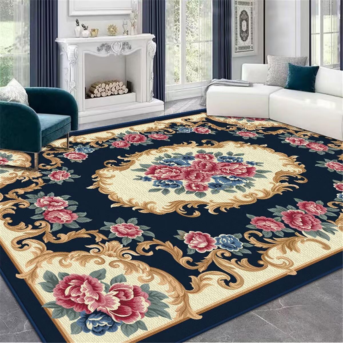 Tapis bleu design floral 80X120CM pour grand chien et protection canapé