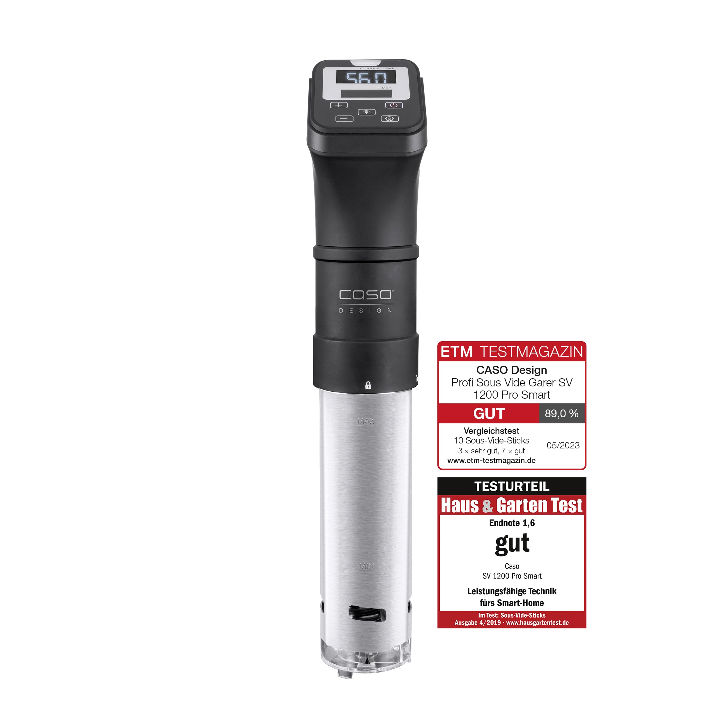 Caso 1327 SV 1200 Pro Smart. Regulación precisa de la temperatura hasta 90 °C en incrementos de 0,5 °C. Totalmente resistente al agua, 18/8, 30 litros, acero inoxidable, color negro.