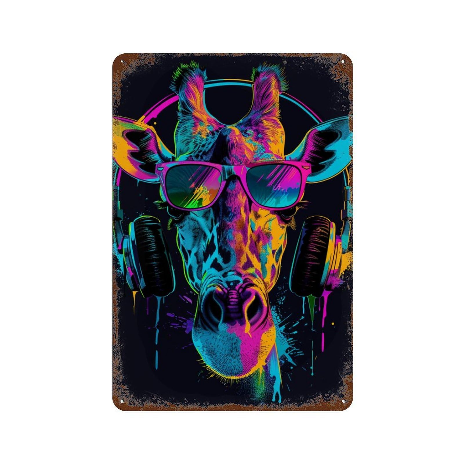Garage Style Giraffe DJ Headphones Art Print Distressed Metal Wall Sign 11.8"x7.9", Retro Wall Decor for Bar And Workshop