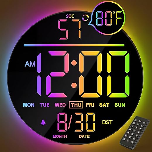 JALL 10 " Large Digital Wall Clock with Seconds, Alarm Countdown Timer, Big LED Display, RGB Color