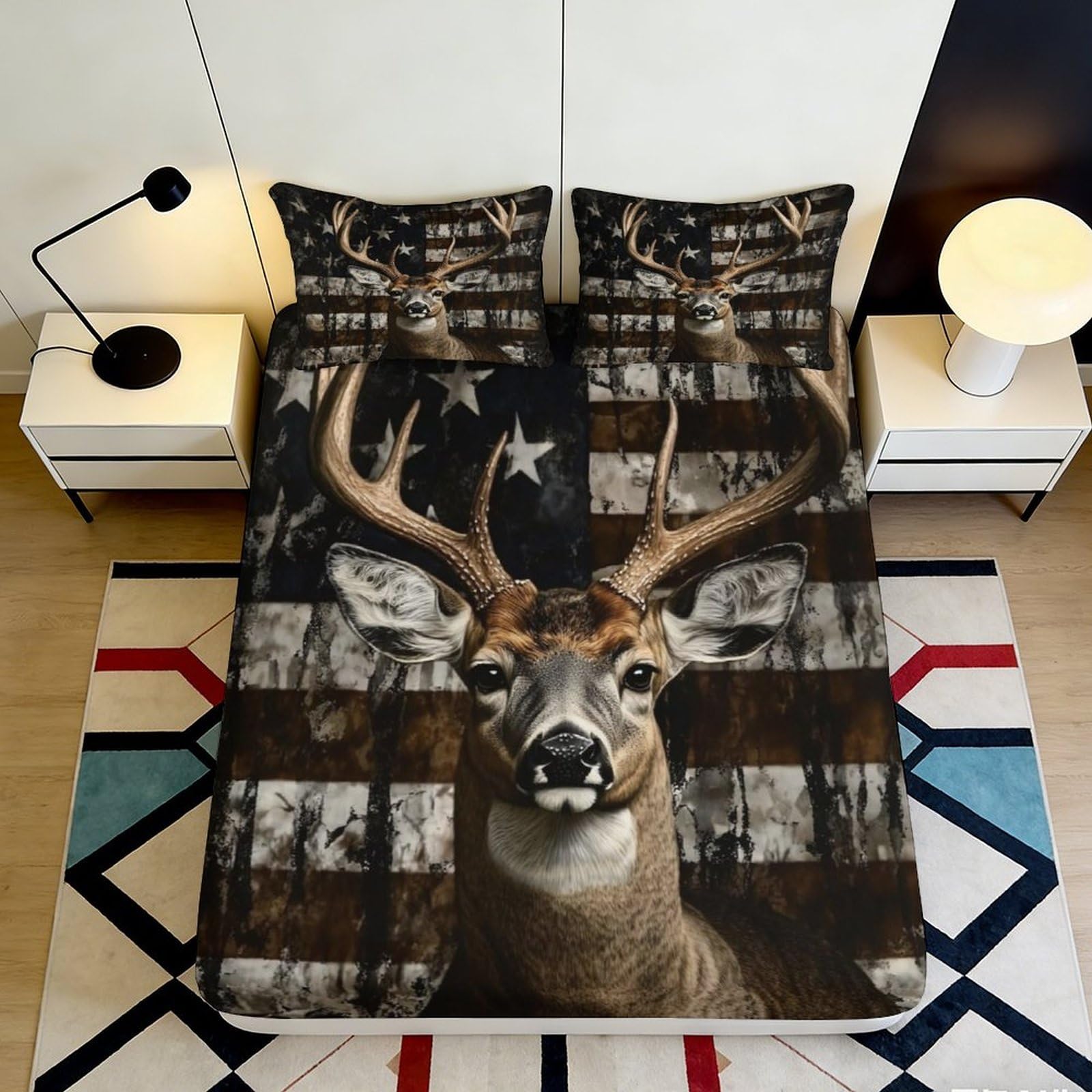 3D Printed Deer Antlers Fitted Sheet Microfiber Brown Plaid Forest Bed Cover for Bedroom Guest Room Decor 90x200x25cm
