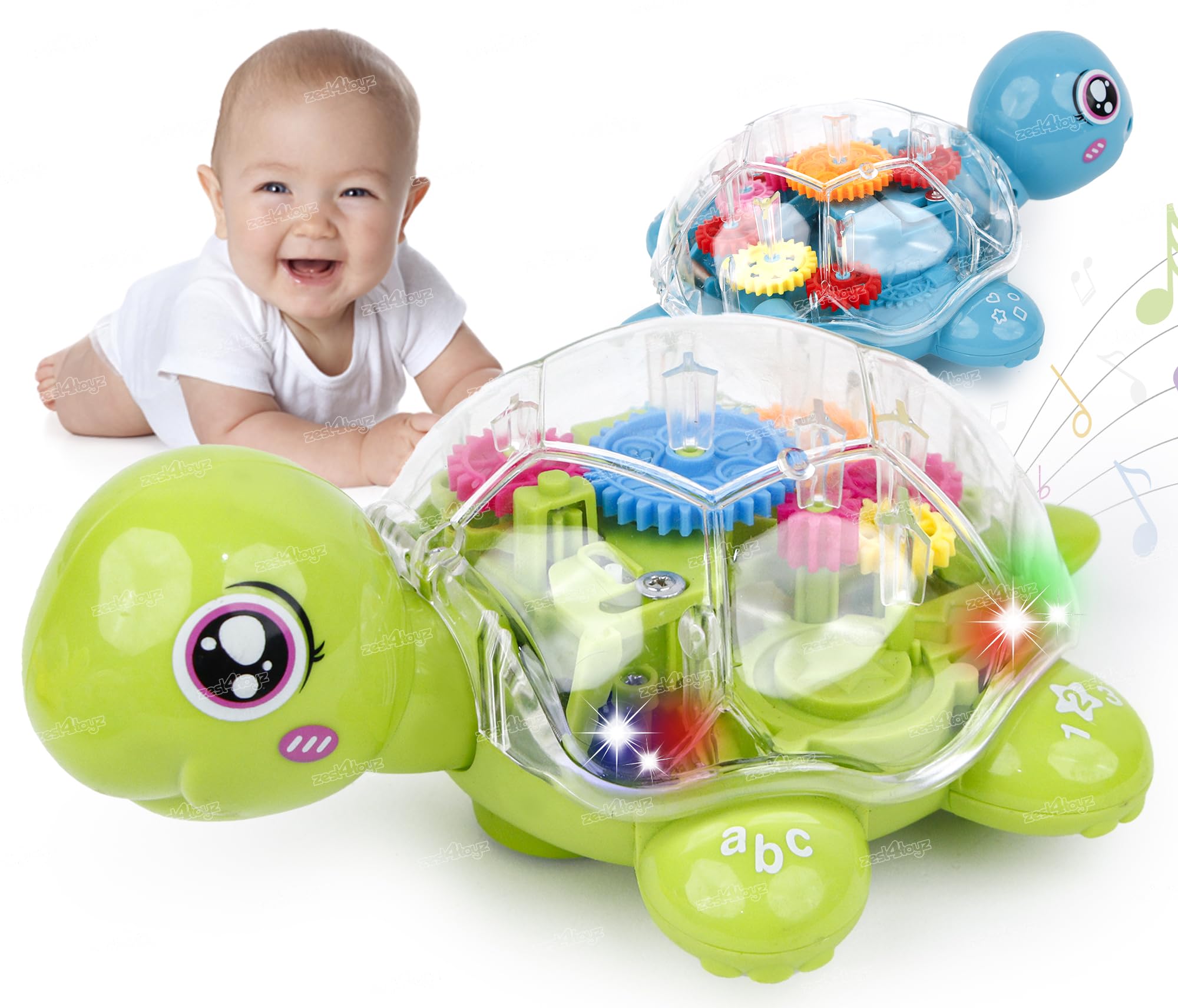 Zest 4 Toyz Musical Toy for Kids Moving Gear Turtle Bump & Go with Music & 3D Flashing Lights Transparent Gear Sound Toy for Babies -Multlcolor