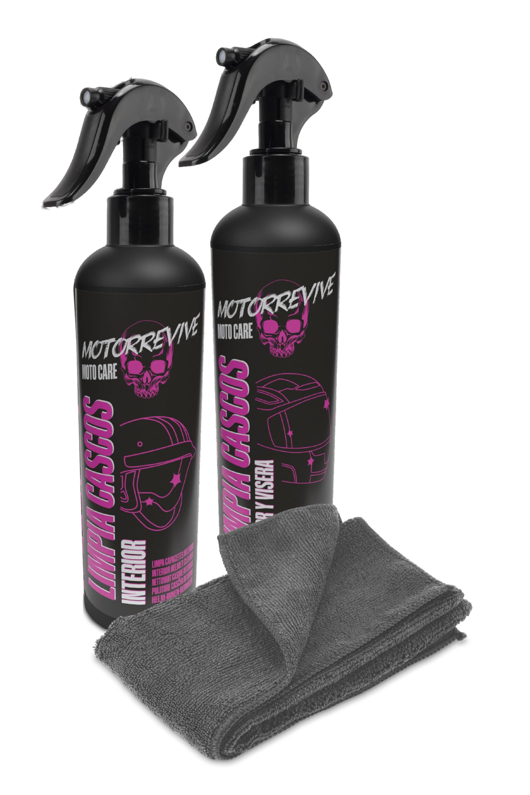 Pack Limpieza de Cascos de Moto 200 + 200 ml. Spray limpiador Interior + Exterior y Visera + Bayeta de Microfibra. Higiene Completa y Cuidado Profesional para Casco de Motocicleta