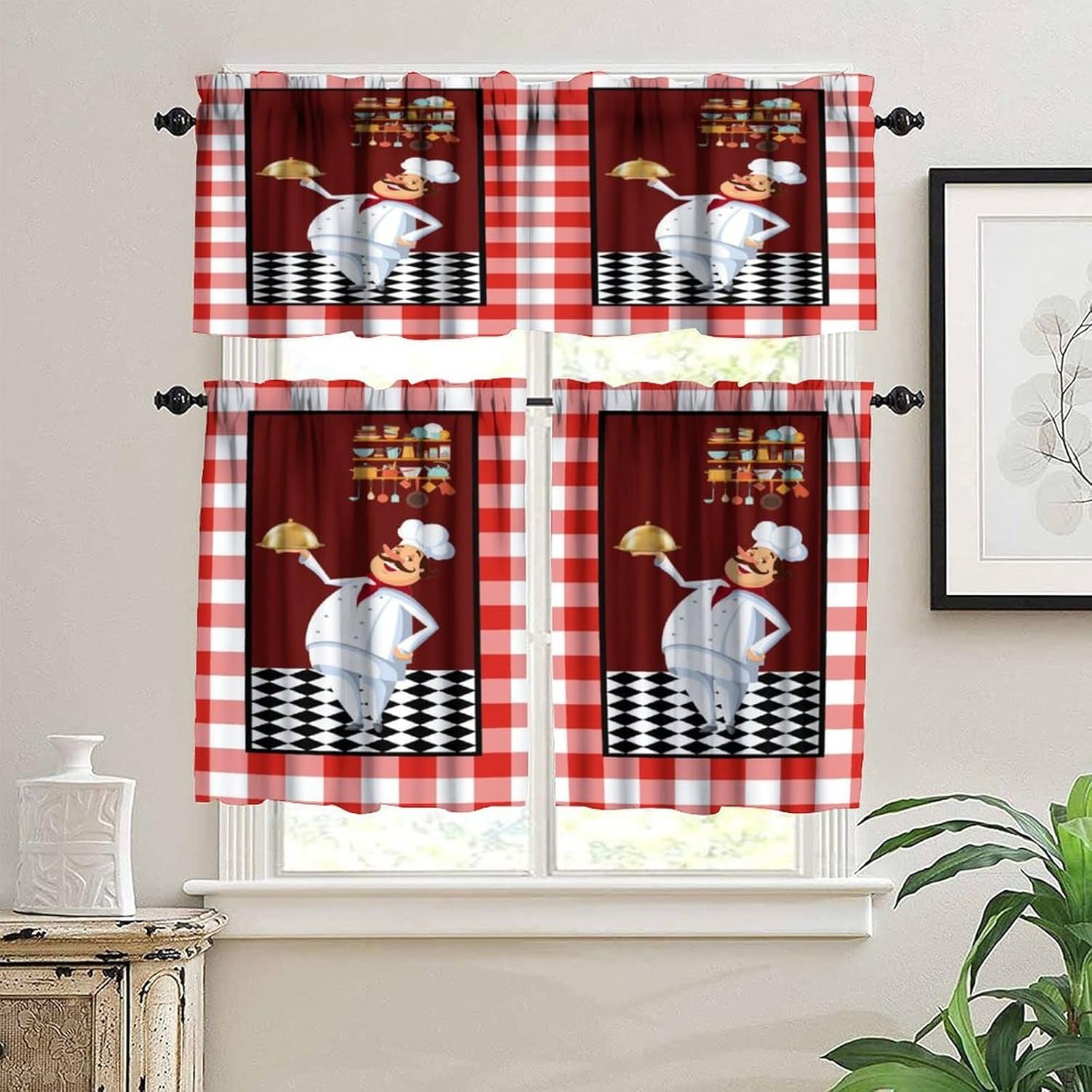 Chef Window Curtain Valances,Fat Chef Cook Theme Vintage Red and White Buffalo Check Printed Small Window Treatments for Kitchen Living Room Decor Rod Pocket Valances 54x18 & 27x36x2, 3 Panel