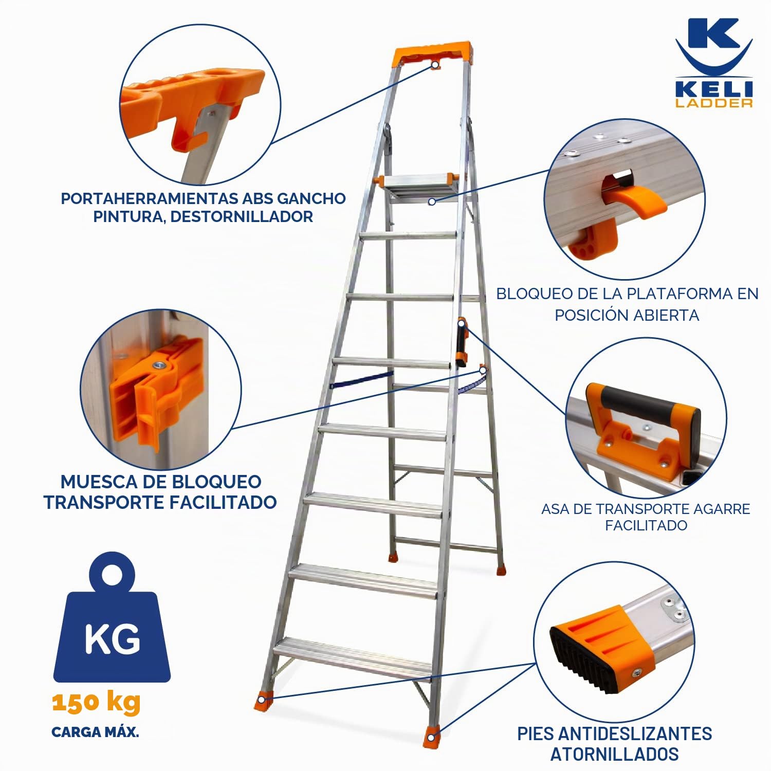 K•LUTECH - Escalera Plegable, Escalera Tijera, Peldaño, Fabricada en Aluminio, Calidad Profesional, Asa de Transporte Confortable, Portaherramientas ABS (Trabajo a 3,6 m)