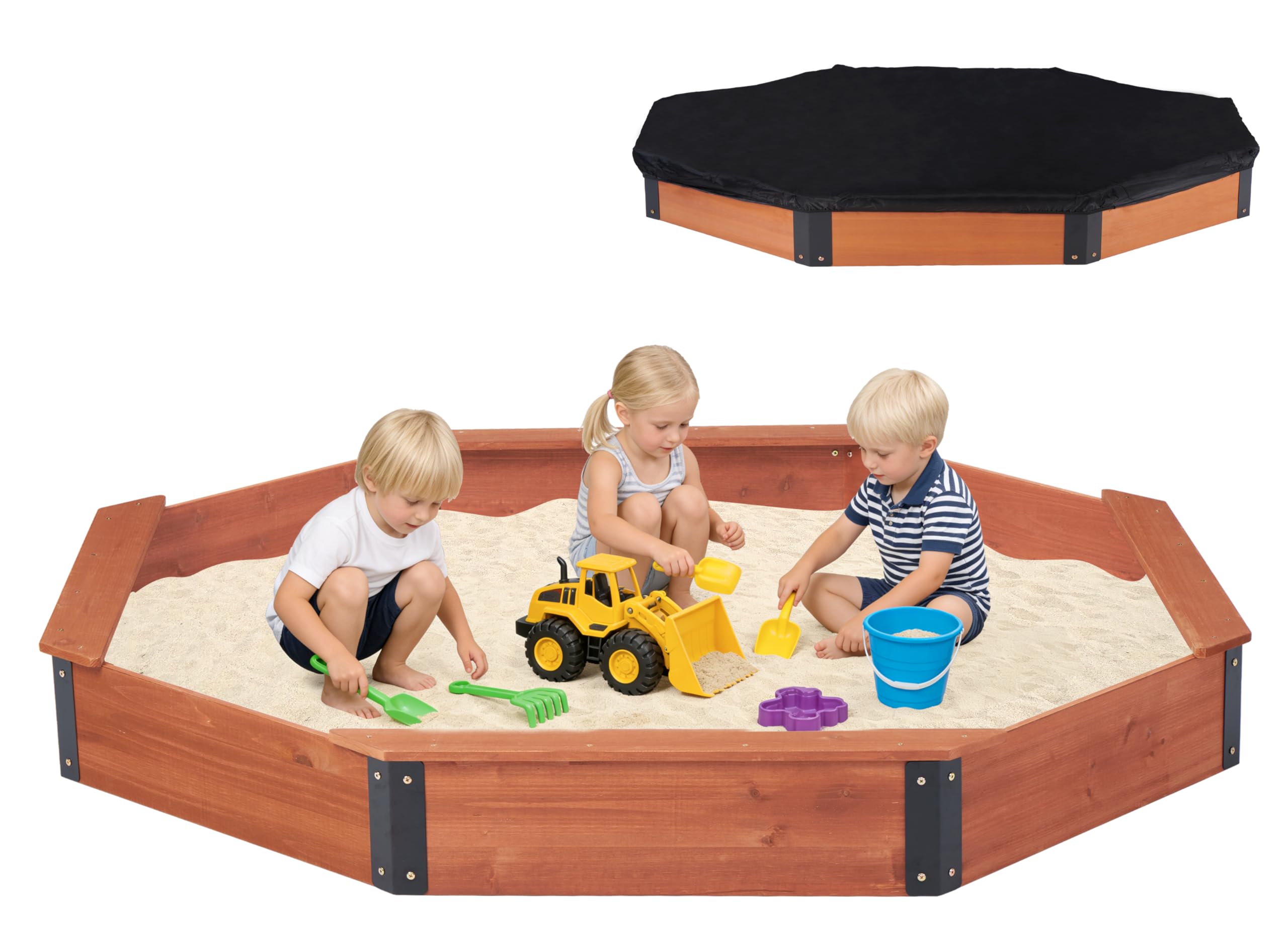 85''x78''x9'' Octagon Sandbox with Cover for Kids Outdoor Play, Wood Large Sandpit with 4 Benches, Quick Easy Install, US. Patented