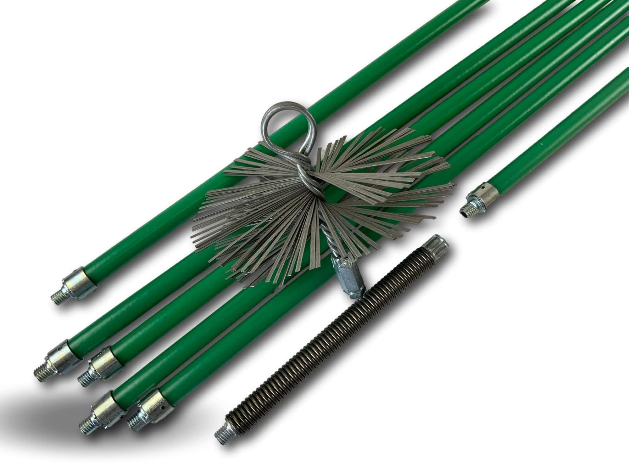Kit Profesional de Limpieza para conductos no revestidos | Cepillo de Acero | Ø 150 mm | 8 m con 6 Varillas Verdes autobloqueantes Ø 18 mm Huecas | Resorte de Inicio | Chimeneas | Kibros 5KIT15ACO
