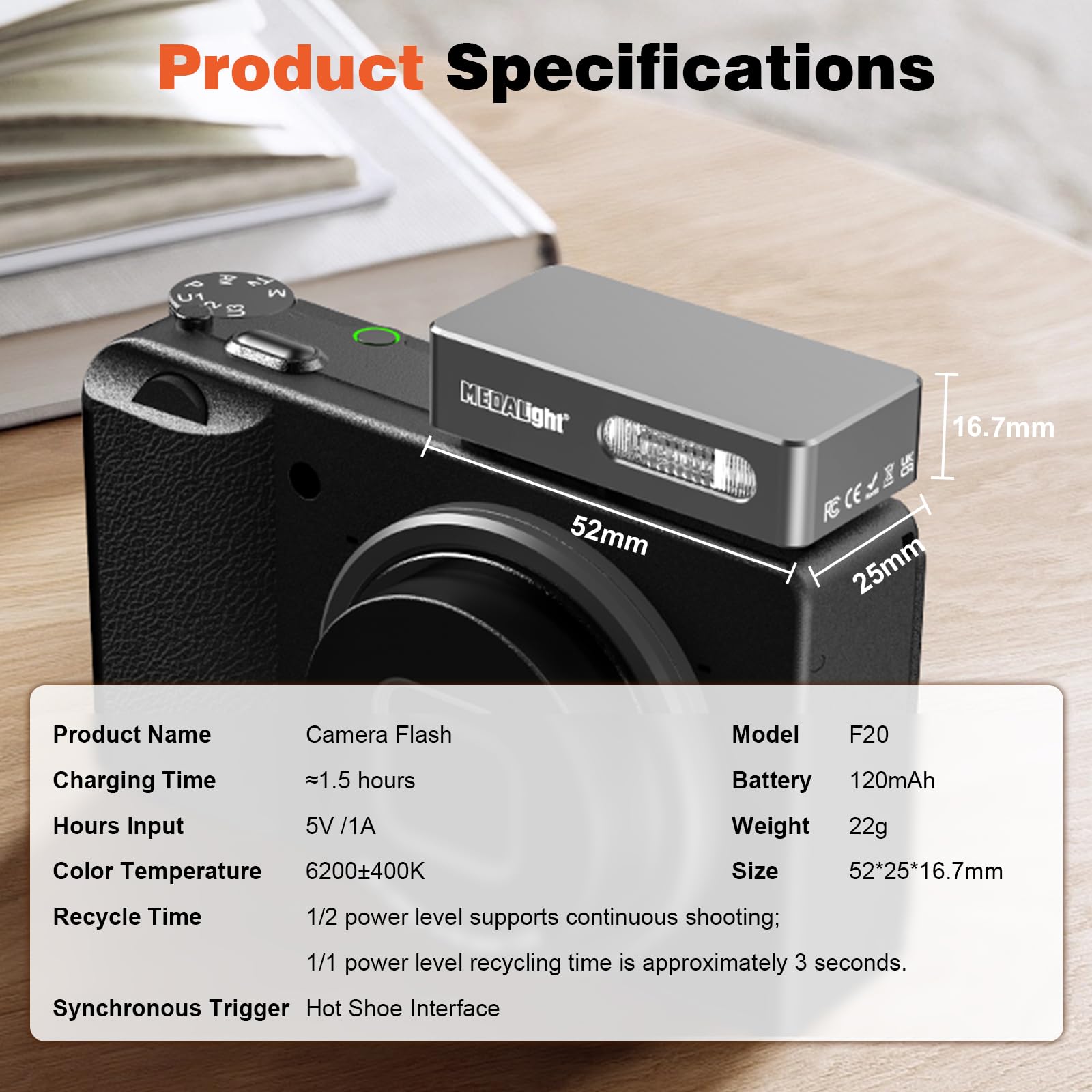 MEDALight F20 Mini flash per fotocamera GR IV, alluminio Hot Shoe Speedlite compatibile per RICOH GR IV/GR 3/GR 3X, 6200K, 2 livelli di potenza flash manuale portatile (grigio).