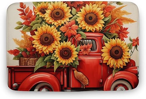 Tapetes de baño de camiones rojos, girasoles y hojas de arce, tapete de puerta de Acción de Gracias o Halloween, tapete de ducha antideslizante de