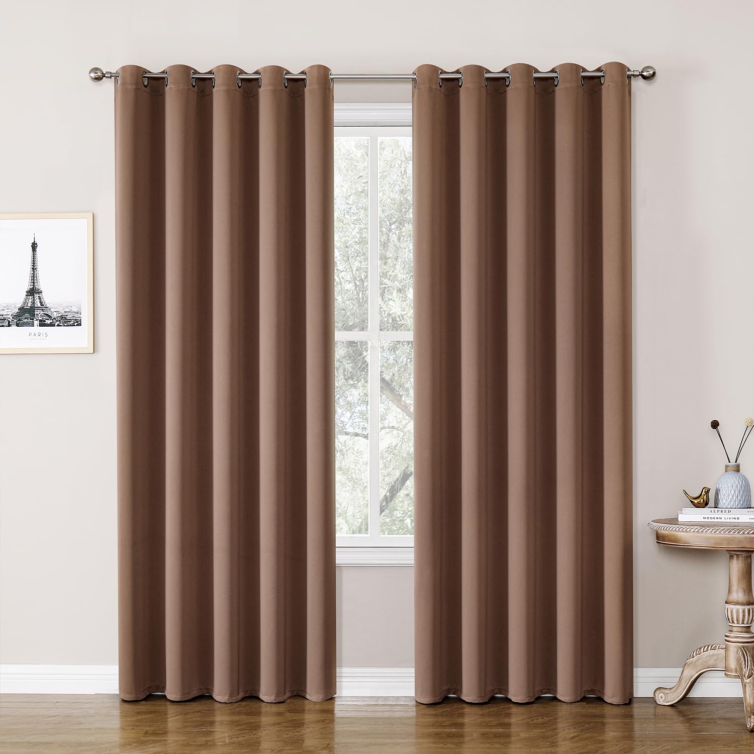 ChrisDowa Room Darkening Curtains for Bedroom and Living Room 70 Inch Wide | 2 Panels Set, Extra Wide, Thermal Insulated, Noise Reducing, Grommet, Blackout Drapes for Window, Cappuccino, 70 x 84 Inch
