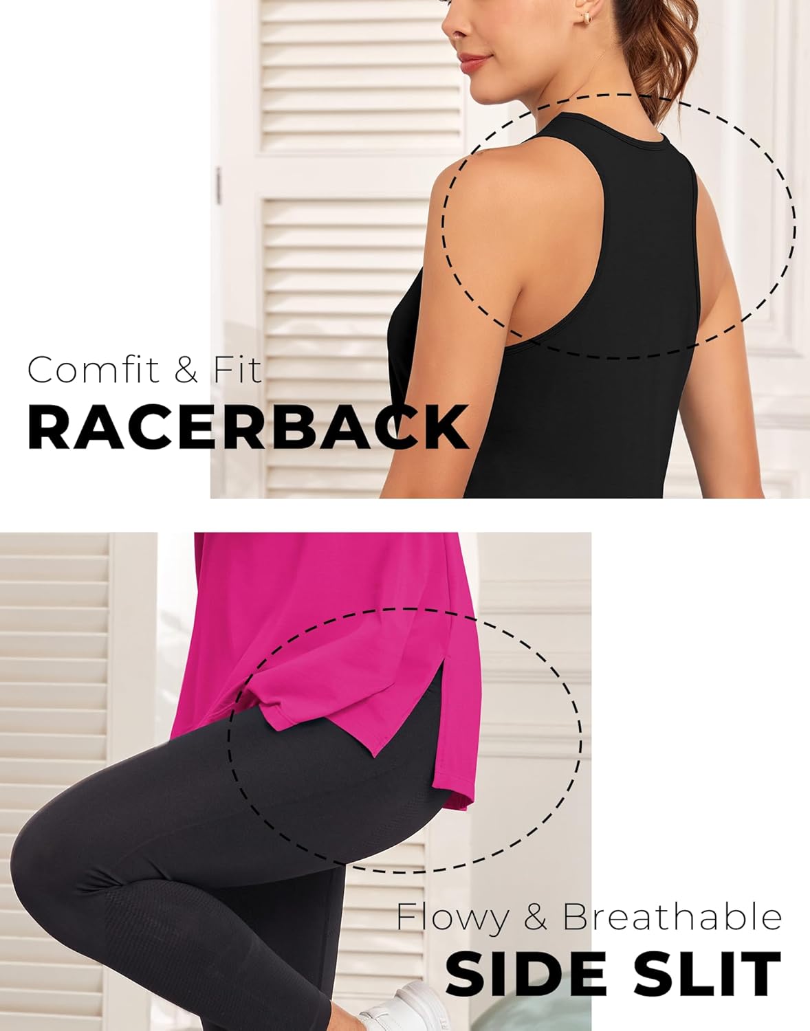 Racerback Workout Tank Tops for Women Pima Cotton Side Slit Flowy Tops Loose Fit Sleeveless Yoga Gym Shirts - 2 Pack - Image 5