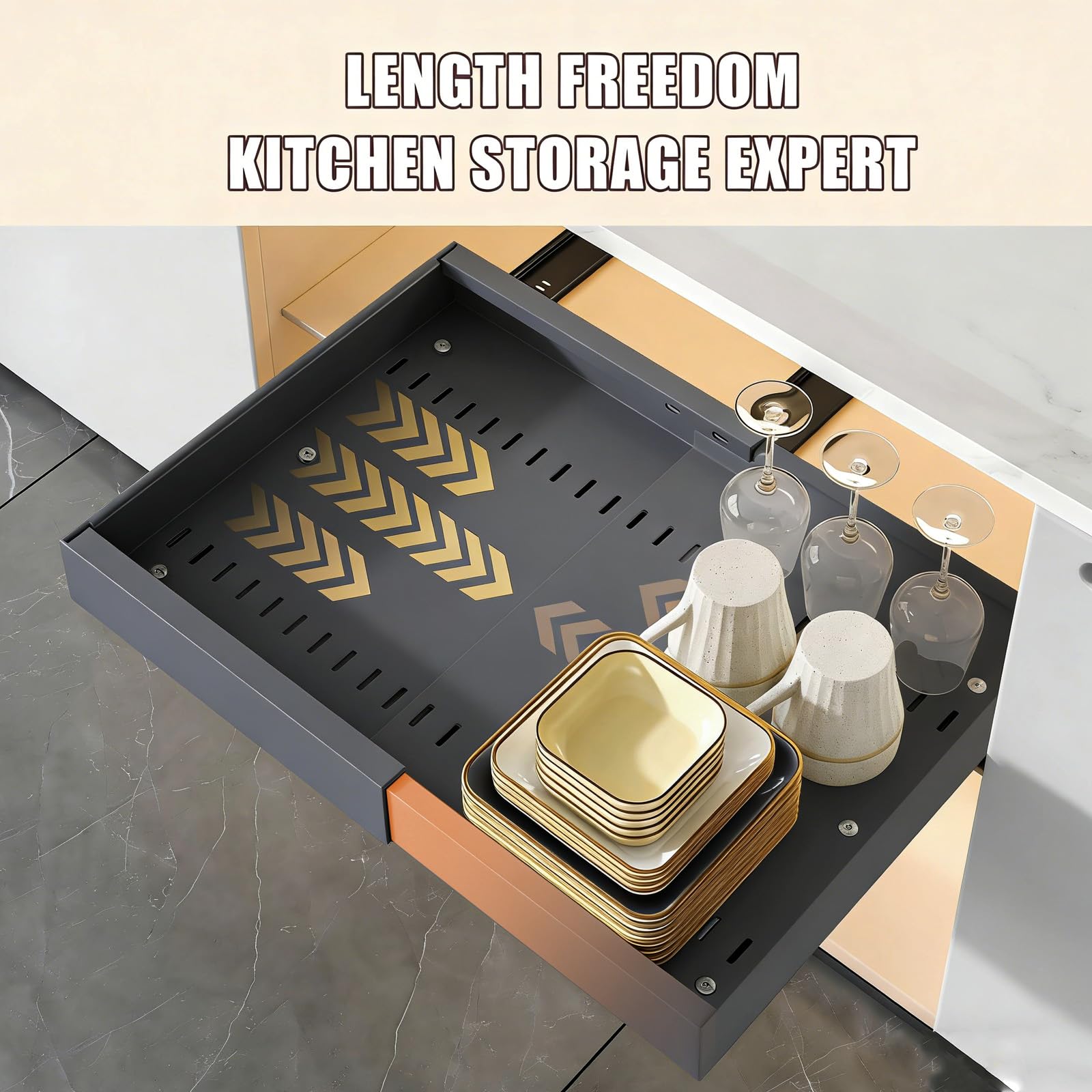 HUOLE Wysuwany metalowy organizer, przechowywanie pod zlewem, regulowana szuflada przesuwna półki do szafy meble kuchenne łazienka, dwa (32-52 x 42 x 7,5 cm) czarne