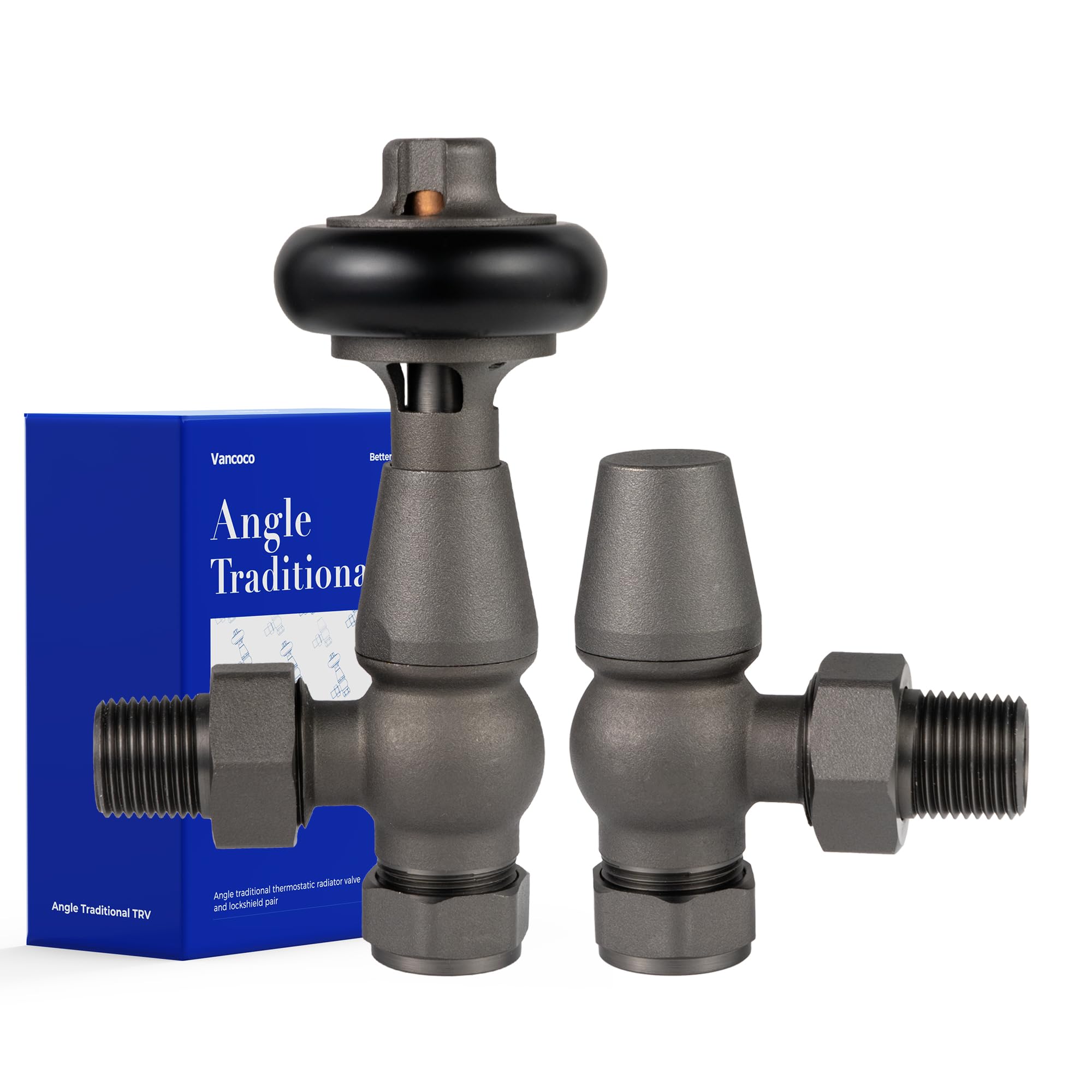 VANCOCO Traditional Old Ancient Iron Angled Radiator Valve & Lockshield 1/2"×15mm, Thermostatic TRV Pair for Cast Iron or Modern Radiators with Solid Wood Handwheel — image 1