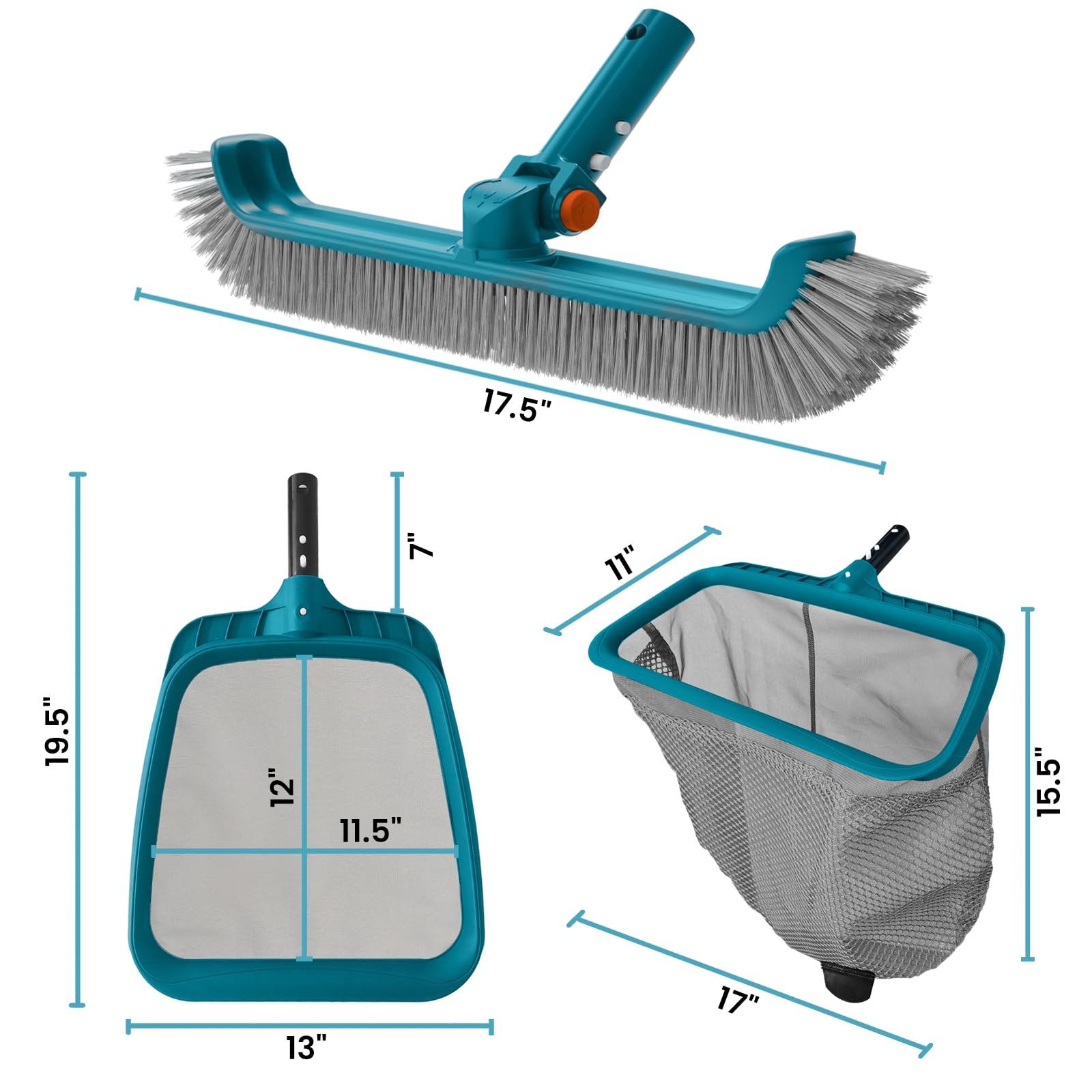 POOLWHALE Economy Schwimmbad-Reinigungsset, feinmaschig, tiefes Poolrechen & Laubskimmernetz, drehbarer Poolbürstenkopf für die Reinigung oberirdischer und eingehender Pools (ohne Stange)
