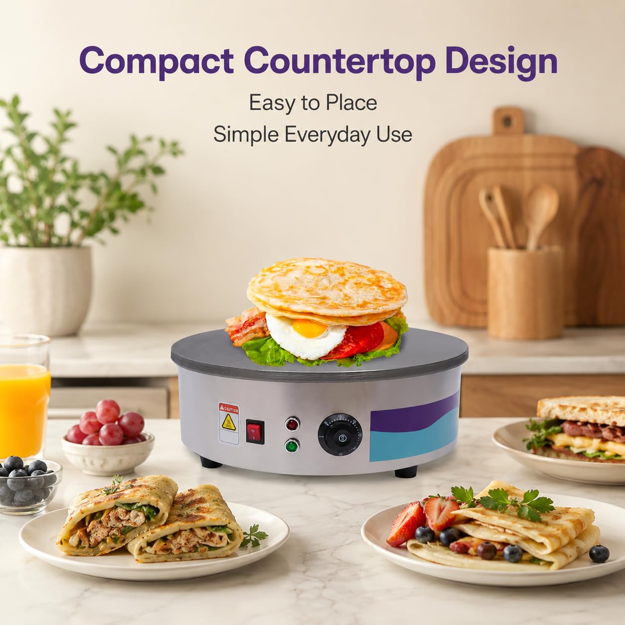 Máquina de crepe eléctrica de 2800 W, crepe, temperatura ajustable con espátula de madera, crepera, apta para familias, cafeterías, restaurantes