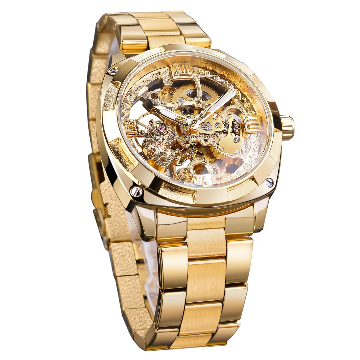 FORSINING Relojes de muñeca mecánicos automáticos de lujo retro para hombre, totalmente dorados con grabado de flores, reloj esqueleto de diseñador masculino