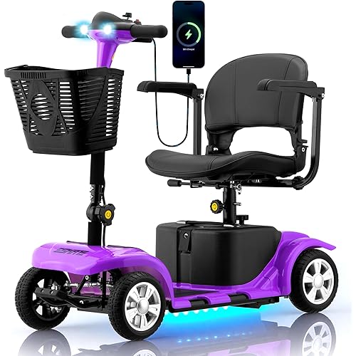 Mobility Scooter for Adults, Senior, Skmc 4 Wheels Electric Powered Chargeable Device for Travel, Lightweight and Portable, with LED Headlights and Basket, Charger Included, Red/Blue (Purple)
