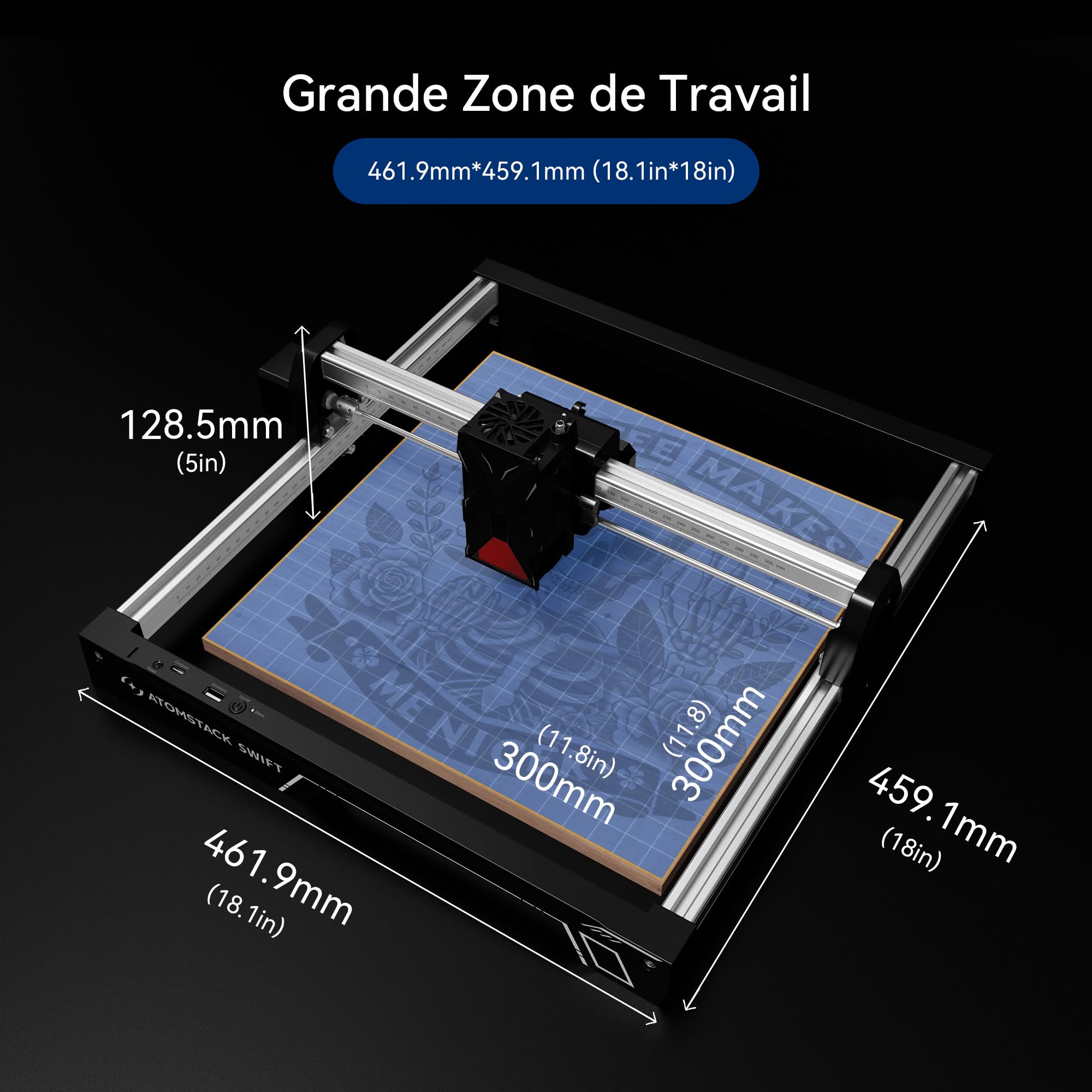 ATOMSTACK Machine de gravure laser, découpeuse laser Swift, découpeuse laser haute précision 0,01 mm pour bois et métal, acrylique foncé, cuir, surface de gravure 300 × 300 mm (Noir, Swift-12W)