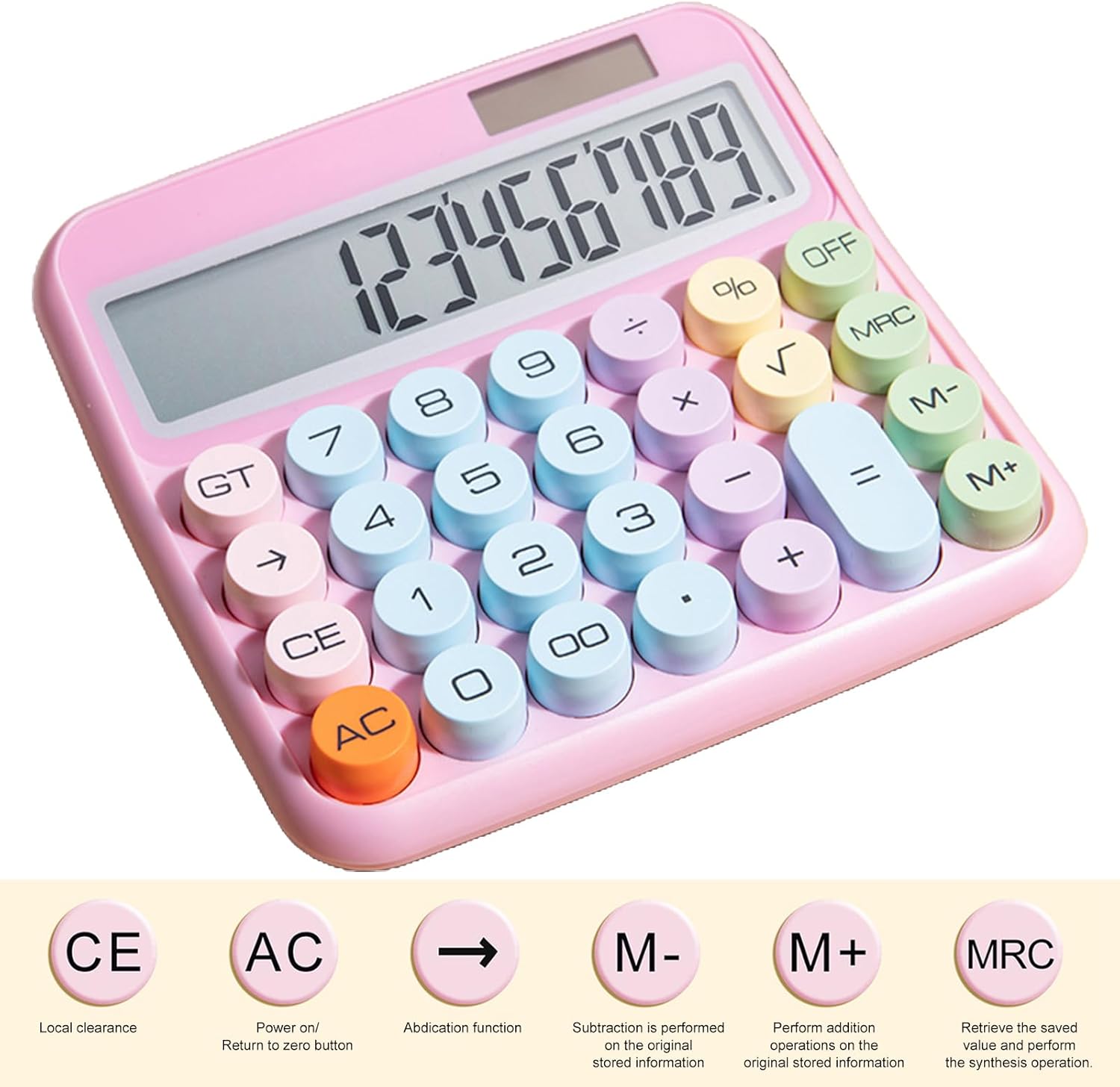 Mechanical Calculator, Cute Calculator for Daily and Basic Office, 12 Digit Display Vintage Typewriter Style Solar Powered Battery Powered Pink (not inculde Battery)
